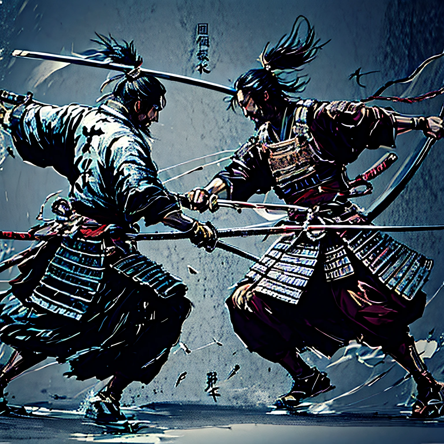 Two Japanese samurai confront each other