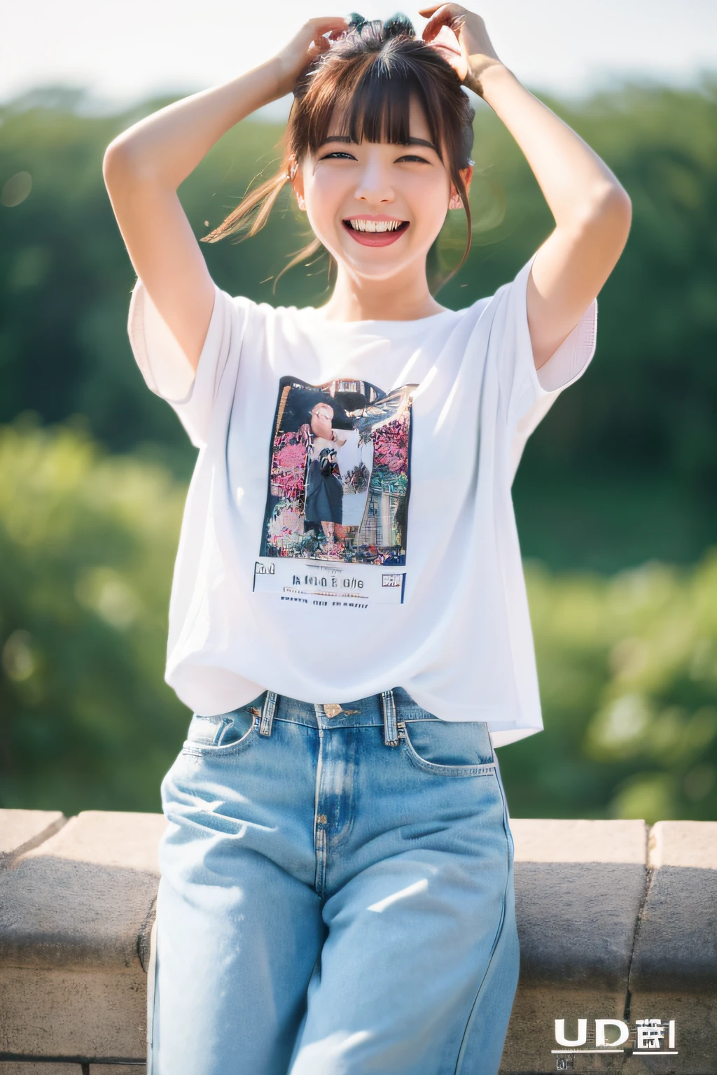(top-quality、in 8K、32K、masterpiece、UHD:1.2)、Photo of a cute Japanese woman、Burst out laughing、TThe shirt、Long、From head to foot、simple background、From above、looking at the viewers、