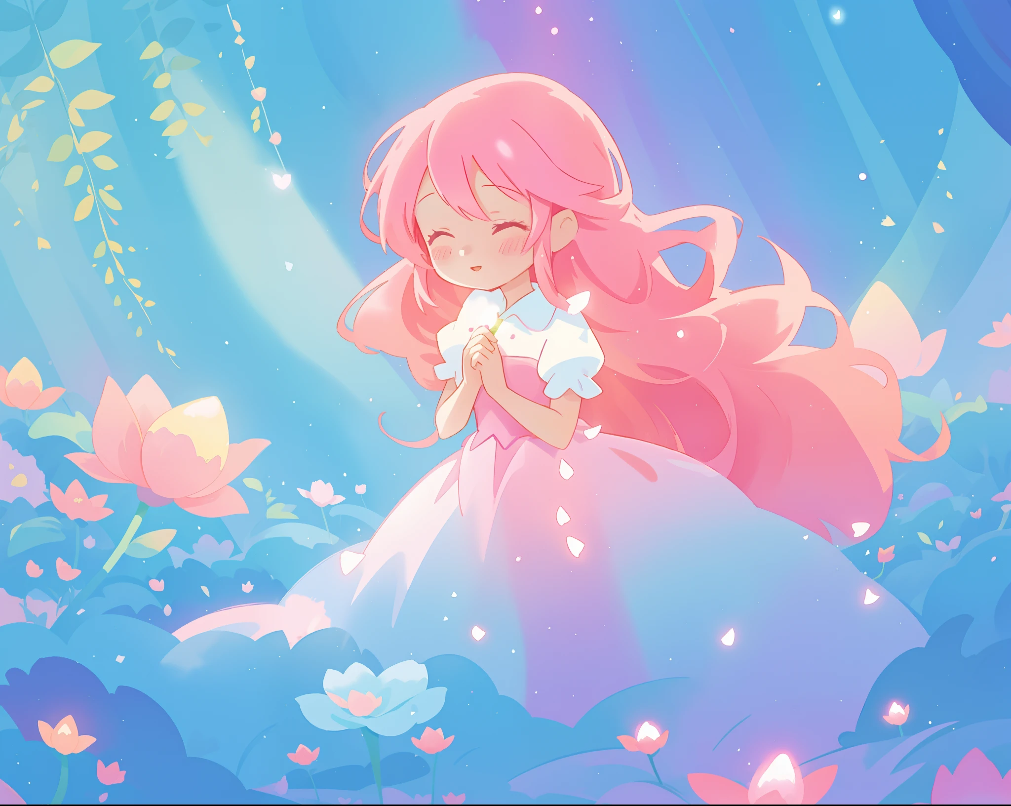 beautiful girl in sparkling flowing dress, long flowing pink hair, colorful fantasia background, watercolor illustration, disney art style, glowing aura around her, glowing lights, beautiful digital illustration, fantasia otherworldly landscape plants flowers, beautiful, masterpiece, best quality, anime disney style