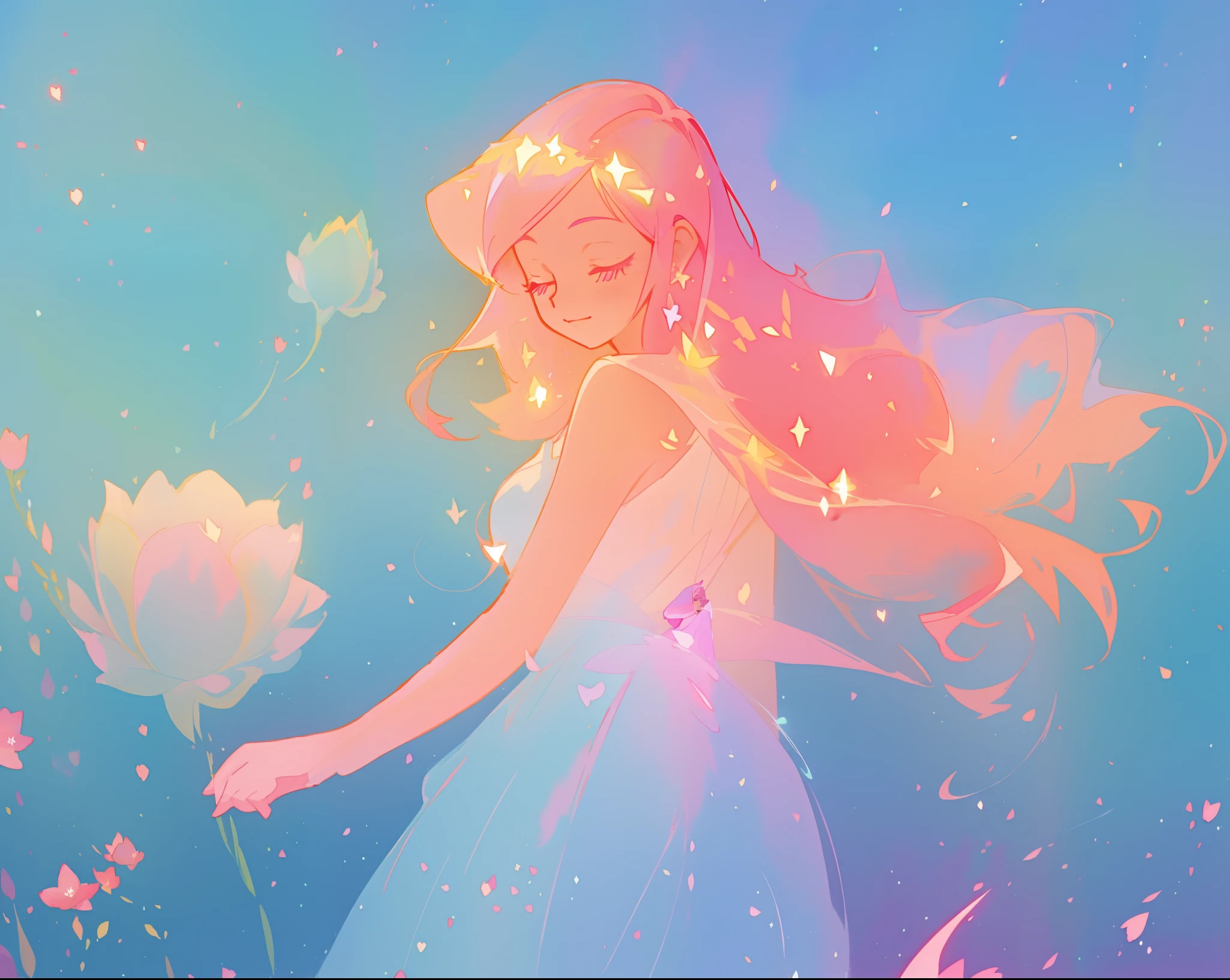 beautiful girl in sparkling flowing dress, long flowing pink hair, colorful fantasia background, watercolor illustration, disney art style, glowing aura around her, glowing lights, beautiful digital illustration, fantasia otherworldly landscape plants flowers, beautiful, masterpiece, best quality, anime disney style