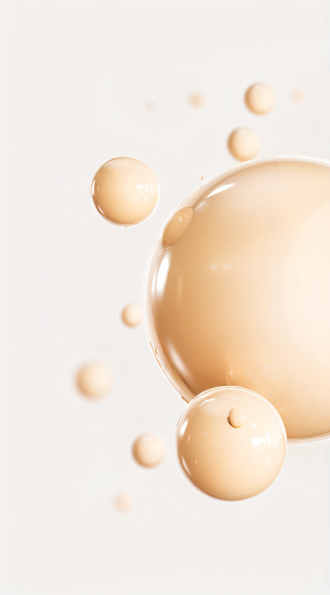 An arafed image of a white ball of liquid,There are bubbles floating around, high quality topical render, ethereal vaporous tan skin, Glossy surface, smooth round shapes, Dewy skin, 3 d fluid simulation render, bubbling skin, studio quality smooth render, The skin has a warm tone, Cream white background, smooth surface render, Smooth porcelain skin, Creamy skin
