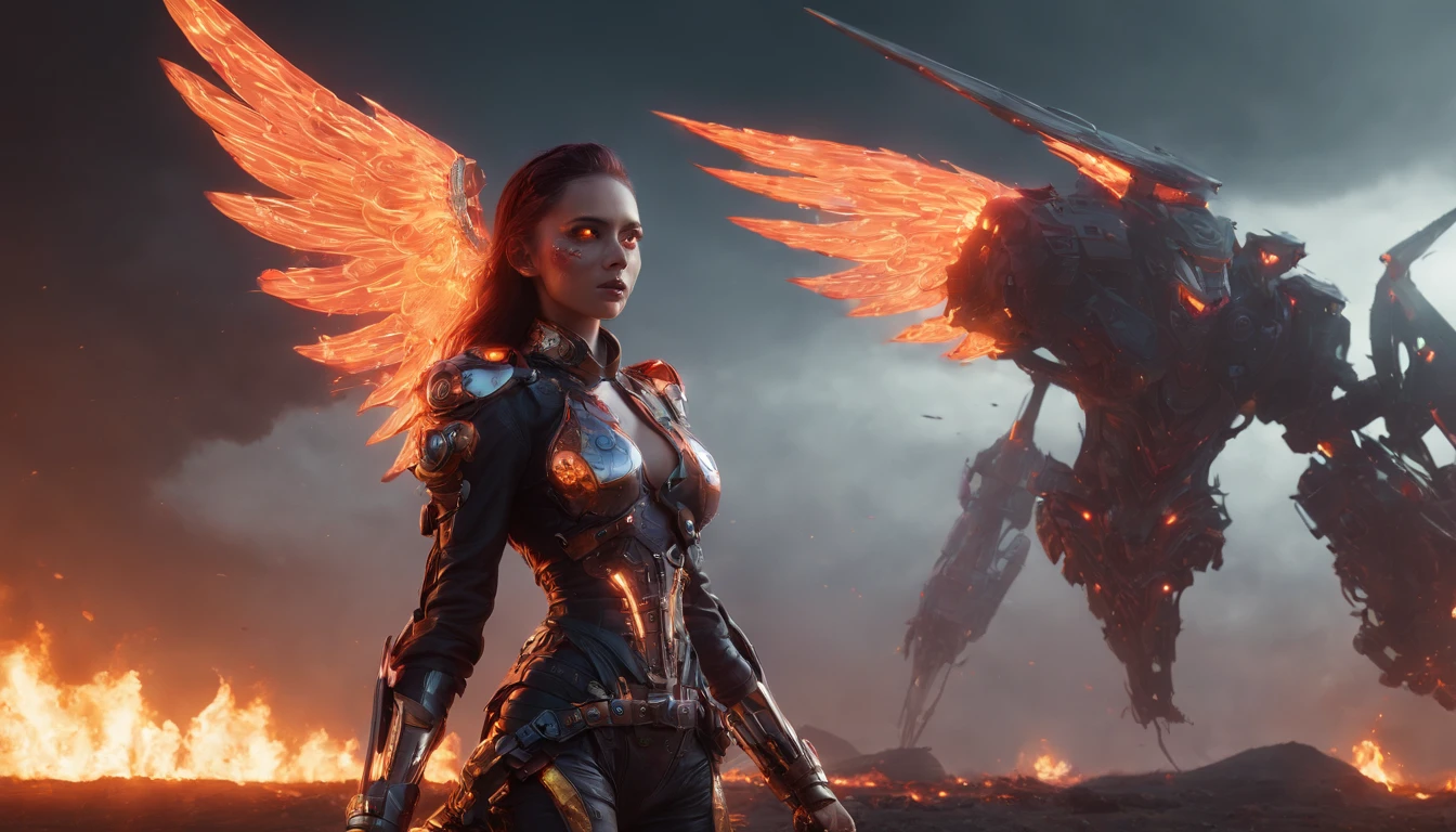 Cosmic cyberpunk Fallen Angel woman wearing Neon Mecha revealing Armour, Flaming Sword glowing light eyes, Biomechanical, eerie, Creepy, nightmarish, Very bright neon colours, Light particles, with light glowing, , Mushroom Cloud, winner of the year's best photo, the world on fire, post-apocalyptic hellscape military photography, photo epic of the year, fire on the horizon, epic cinematic shot, pure form, intricate detail, 8k post-production, High resolution, super Detail, trending on ArtStation, sharp focus, studio photos, intricate detail, Very detailed, By Greg Rutkowski, Mshiff, wallpaper art, UHD wallpaper