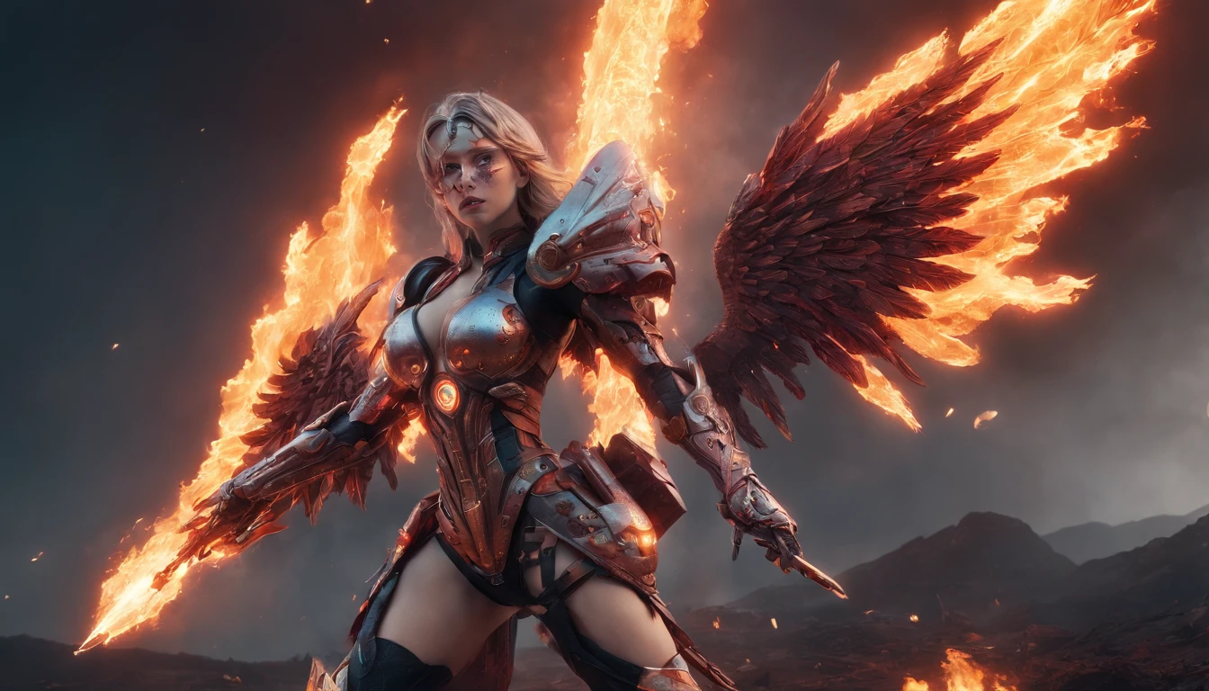 Cosmic cyberpunk Fallen Angel woman wearing Neon Mecha revealing Armour, Flaming Sword glowing light eyes, Biomechanical, eerie, Creepy, nightmarish, Very bright neon colours, Light particles, with light glowing, , Mushroom Cloud, winner of the year's best photo, the world on fire, post-apocalyptic hellscape military photography, photo epic of the year, fire on the horizon, epic cinematic shot, pure form, intricate detail, 8k post-production, High resolution, super Detail, trending on ArtStation, sharp focus, studio photos, intricate detail, Very detailed, By Greg Rutkowski, Mshiff, wallpaper art, UHD wallpaper