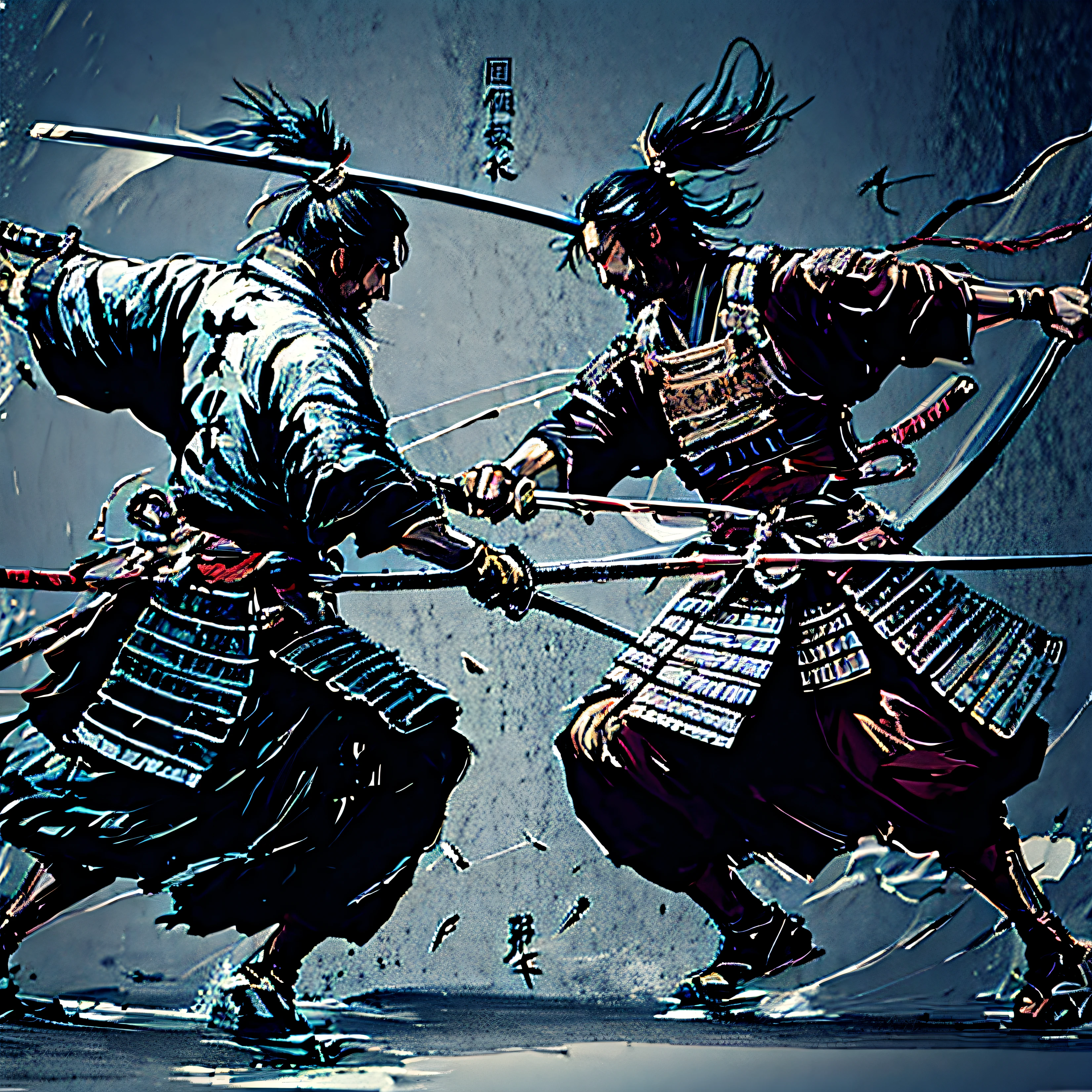 Two Japanese samurai confront each other