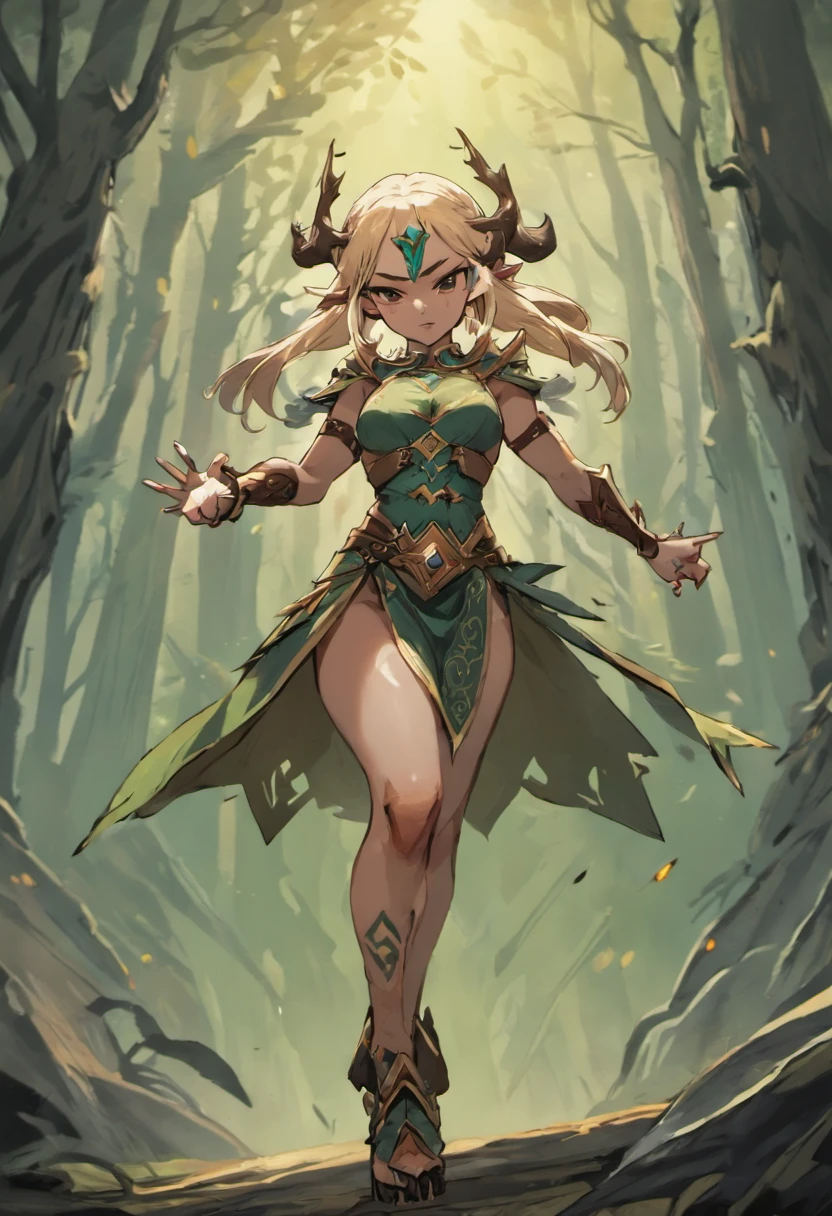 ((jungles)),(elf milf),((holding staff))((green tattoo covering whole body:1.4)),flower ribbon,(golden hair),Detailed face details,((thick body: 1.4)), (Curvy:1.35),Curvy physique,compelety naked,bare leg,(puffy ensual movements,close up