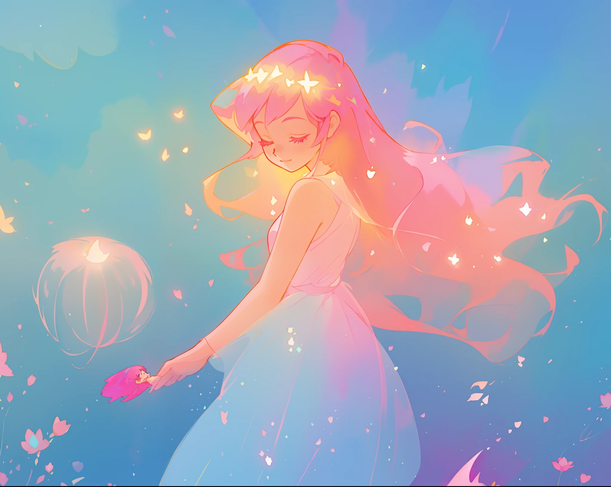 beautiful girl in sparkling flowing dress, long flowing pink hair, colorful fantasia background, watercolor illustration, disney art style, glowing aura around her, glowing lights, beautiful digital illustration, fantasia otherworldly landscape plants flowers, beautiful, masterpiece, best quality, anime disney style