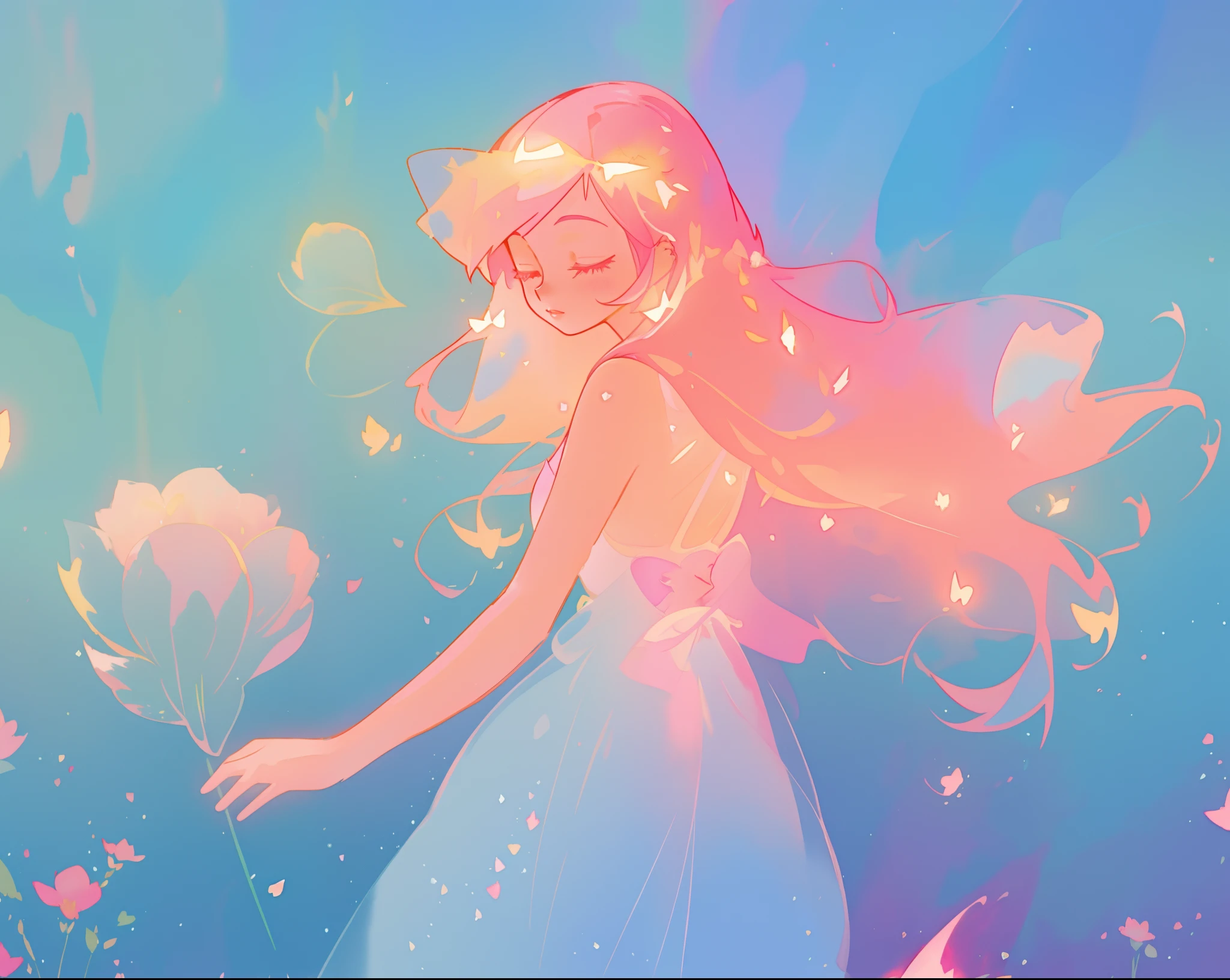 beautiful girl in sparkling flowing dress, long flowing pink hair, colorful fantasia background, watercolor illustration, disney art style, glowing aura around her, glowing lights, beautiful digital illustration, fantasia otherworldly landscape plants flowers, beautiful, masterpiece, best quality, anime disney style
