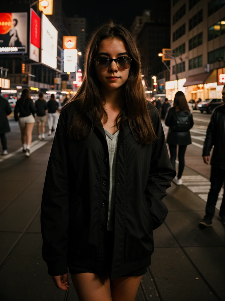 random cinematic portrait cute 18 years old girl straight hair with shades, night walk in New York