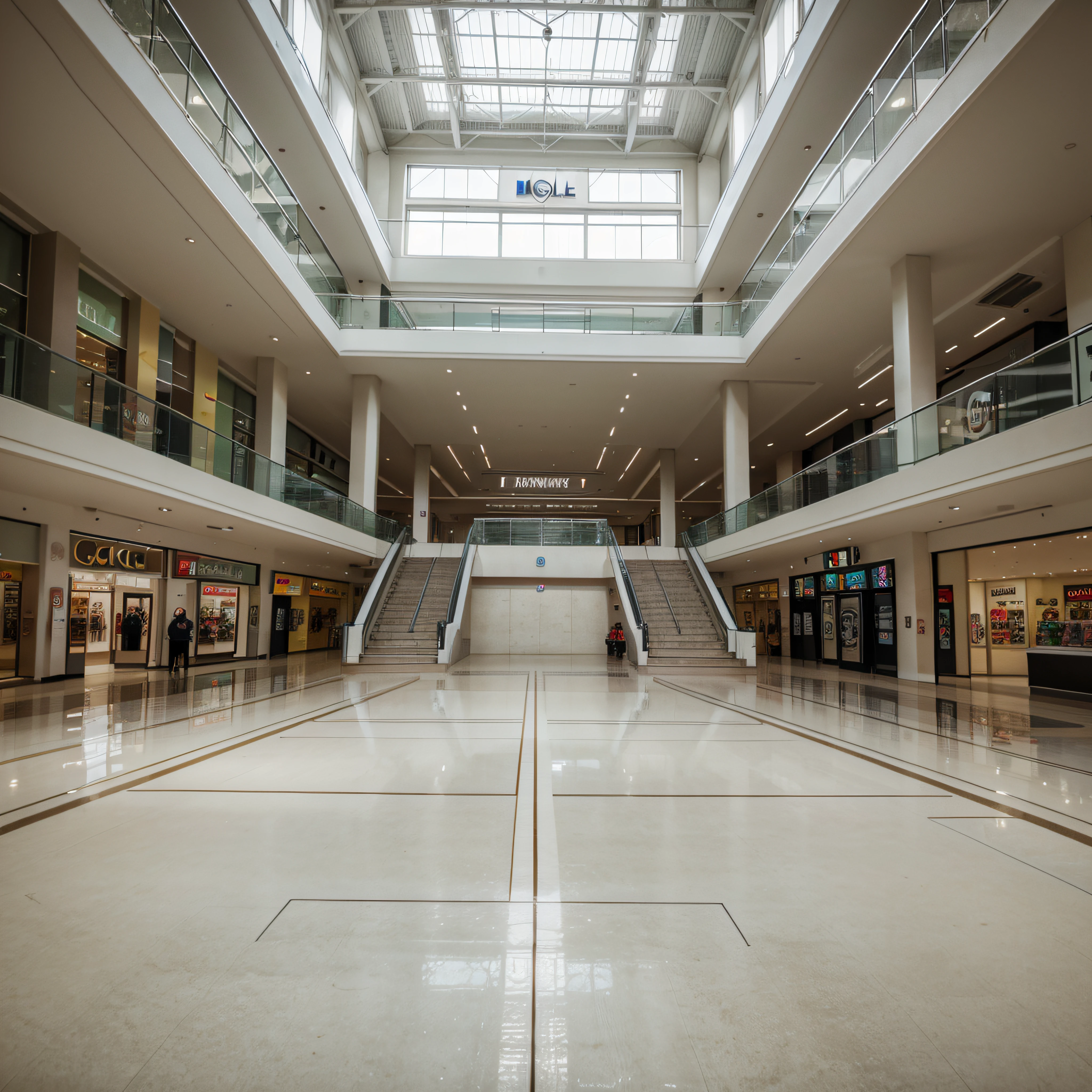 shot of an empty shopping mall hall interior, ultra realistic, front view angle