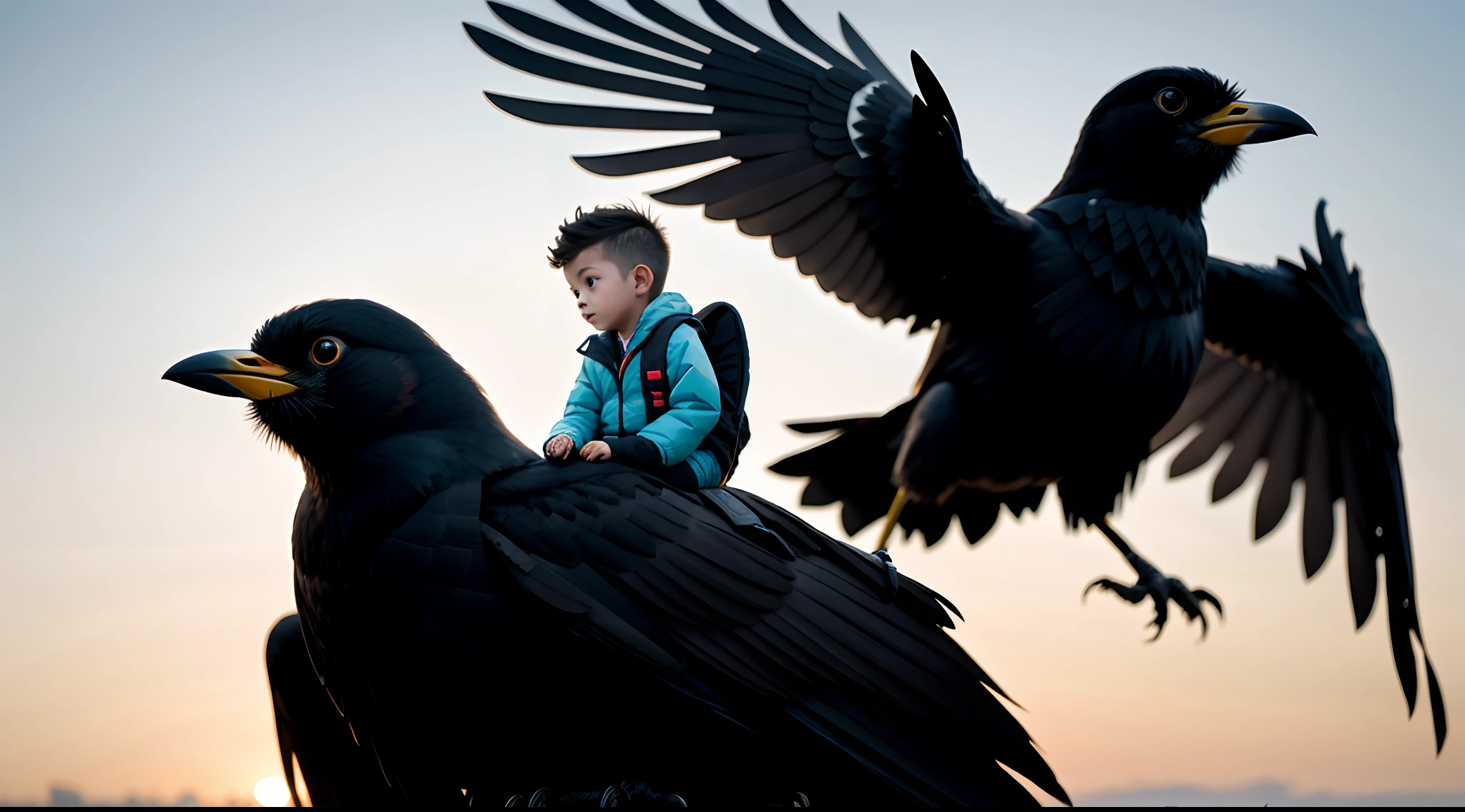 Boy on the back of a huge blackbird