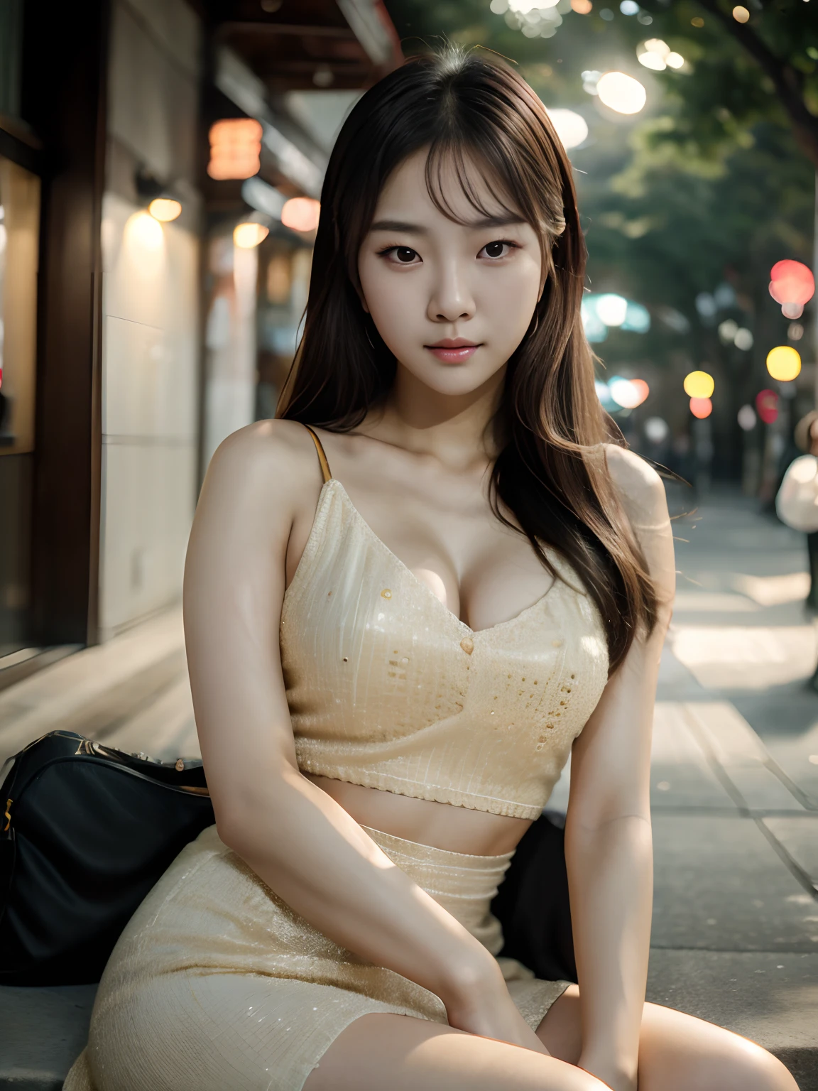 4k, high-res, best quality, (Korean idol), finely detailed skin, smooth face, sharp focus, (cinematic lighting), soft lighting, dynamic angle, [:(detailed face:1.2):0.3], A young Korean woman relaxing at park, korean,