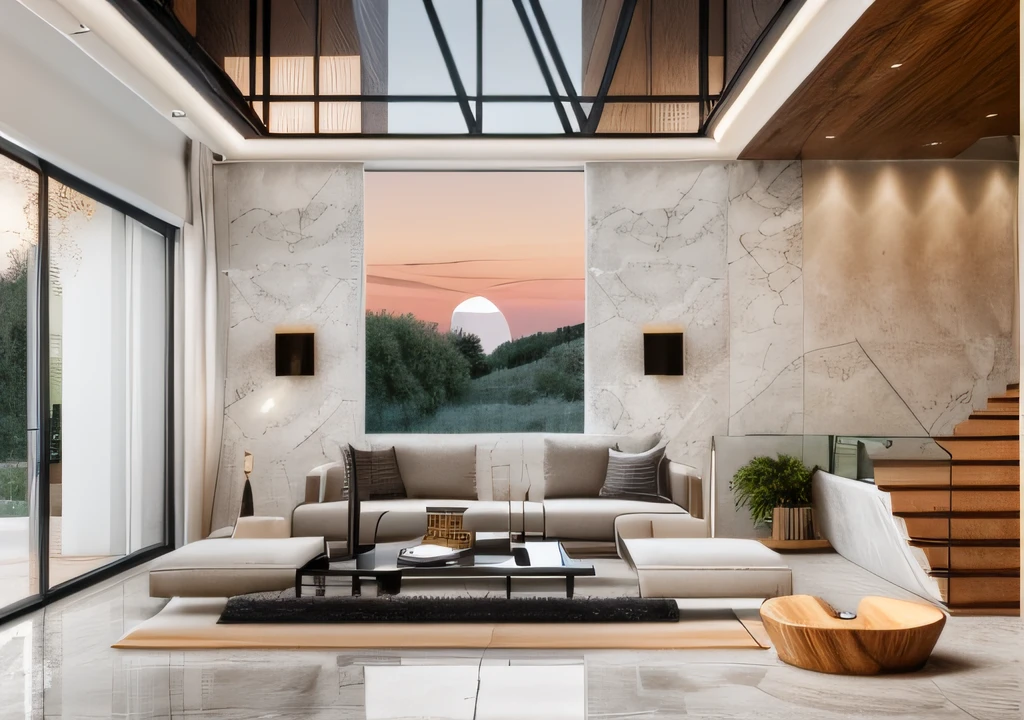 RAW photo, Masterpiece, high quality, best quality, authentic, super detail, interior, one living room modern, Luxurious modern living room interior, gray glossy ceramic tiled floor, wood paneled wall and granite wall in the middle, earthen altar next to the sofa, ((modern plaster ceiling with magnetic led lights)), Wooden display cabinet with acrylic cabinet doors, wooden meeting table, glossy gray ceramic tile floor, (Modern minimalist lines:1.2), railing glass, glass windows, ((sunset)), archdaily architecture, (high detailed :1.2), 8k uhd, dslr, nature lighting, high quality, photography shot with Leica CL with Leica Summilux-TL 35mm f-1.4 ASPH