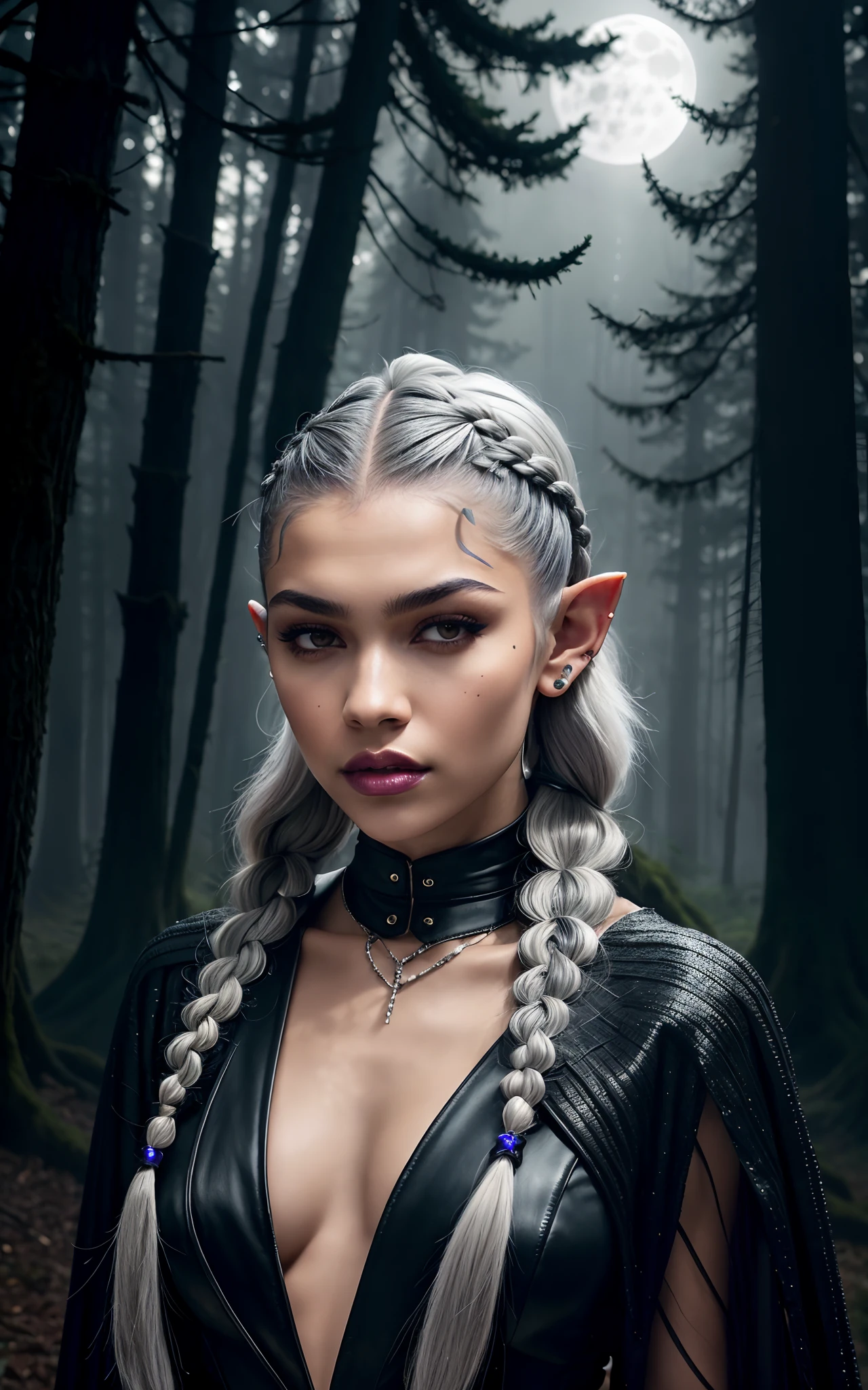 (Dark elf witch), the face of zendaya:Dua lipa, pointy ears, grey skin, white hair, (high top fade haircut), (one braid in one side of the head), masterpiece, dark forest in the background, fog, in the night, full moon ligth, 8k, detailed digital art, piercings.