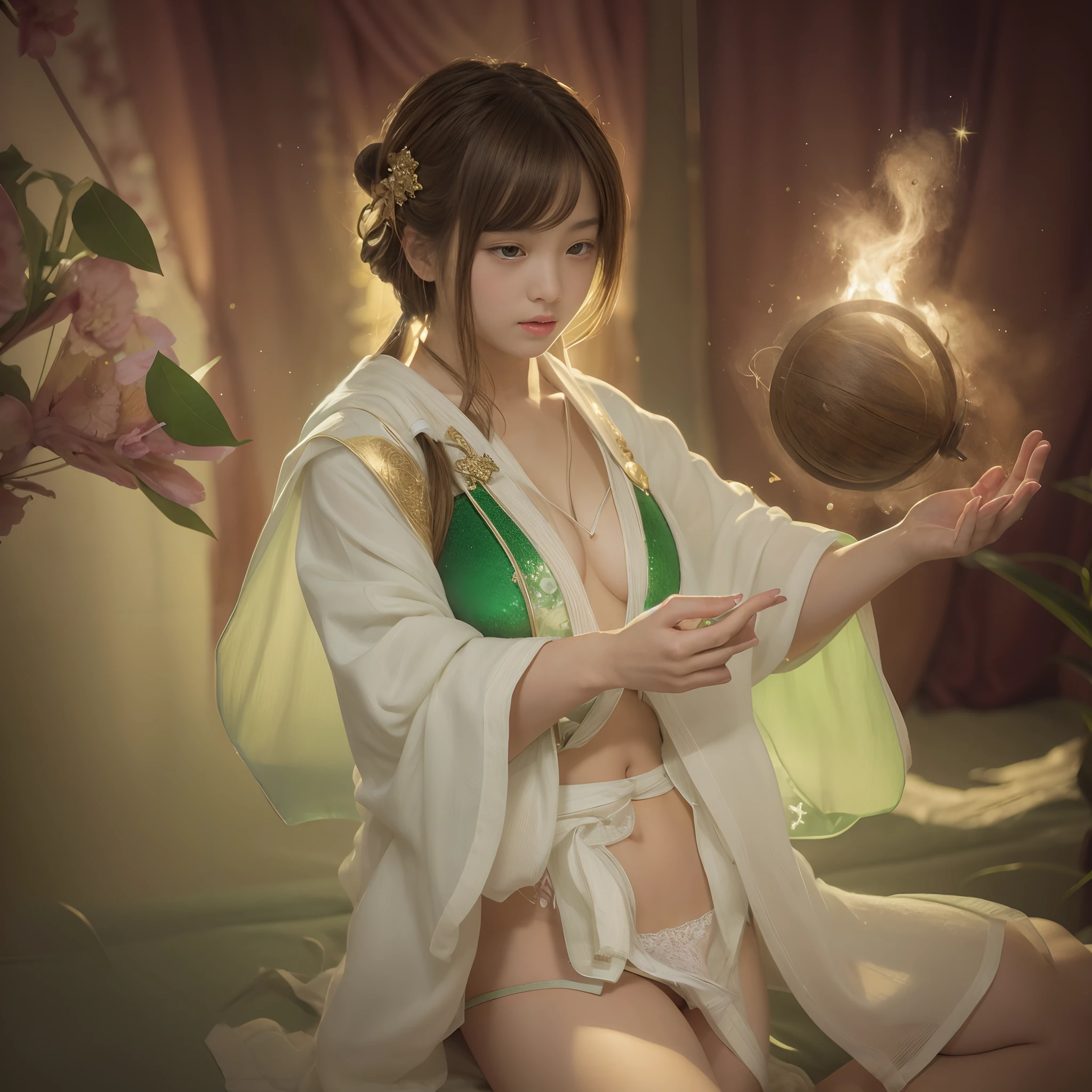 (Raw photo:1.2), (Photorealistic), Beautiful detailed girl, Very detailed eyes and face, Beautiful detailed eyes, Huge file size, High resolution, Very detailed, Best Quality, [masutepiece:1.6], Illustration, Very detailed, Fine detail, Best Quality, 8K Wallpaper, Movie Lighting,-yeld fee monk from Japan, in fighting, Healing Magic, Sacred robe,  White Jewel Wand,  Glitter Green Healing Spell, Healing space around you, Underwear, barechested, No top,  are visible,   The nipple is visible, Casual Panties, revealing white panties, Panties with attention to detail, Even the wrinkles of the panties were drawn, Panties with texture, Photorealistic panties,  tiny chest, panties simple