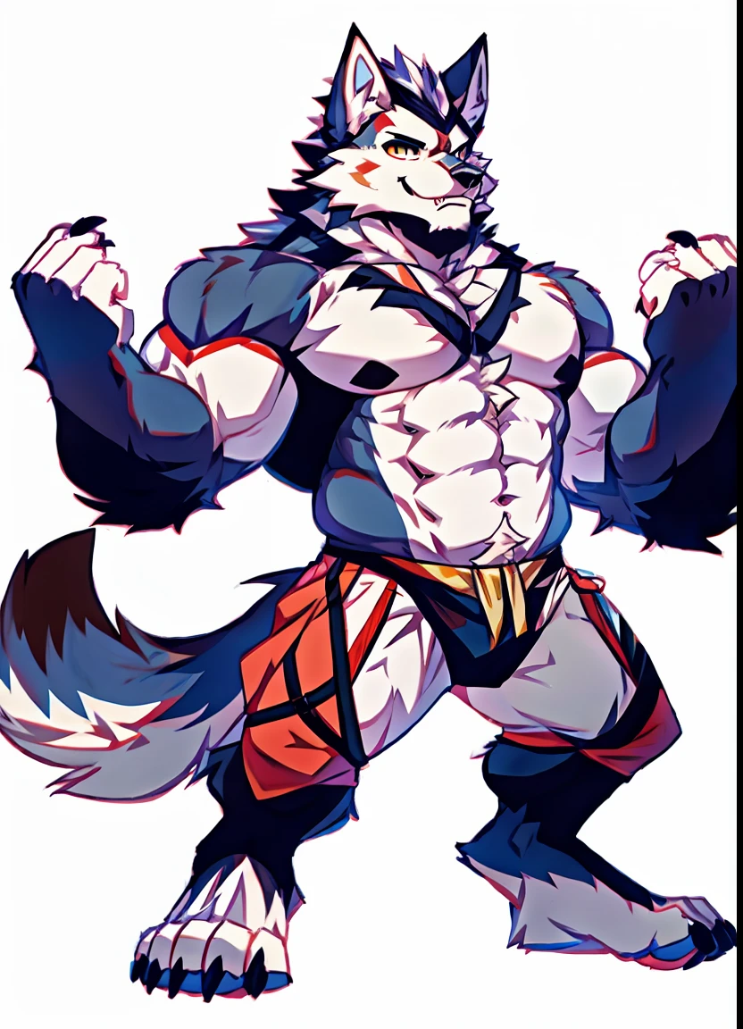 Human-wolf,musculous,Hairy all over,clawed paws,erect through