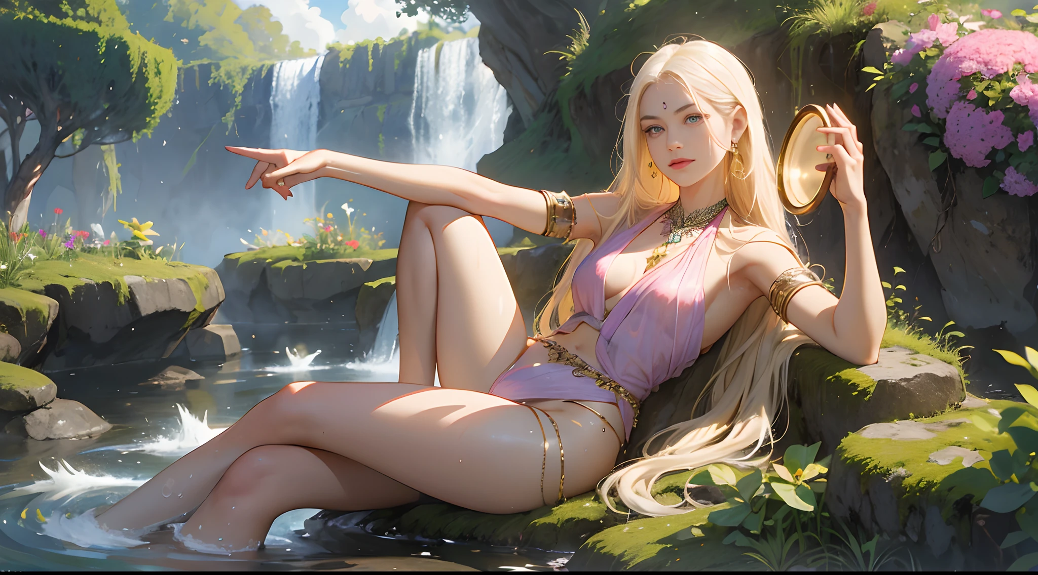 ((Realistic: 1.5)),((Best quality)), ((Masterpiece)),((Detailed)), (1girll), {Beautiful woman in sari}, full bodyesbian,super wide shot, Spotlight facials, young girl, Sexy, Toned muscles, Long legs, Feminine curves, Barefoot, Firm breasts, Open neckline, Beautiful breasts with pink peep, Thick thighs, Wide hips, Slim legs, Green eyes, Long platinum and blond hair, Flowing hair, Long eyelashes, (Detailed face, beautidful eyes, Detailed pupils, Detailed clothing features, Dark background: 1.3), (Bindi, Jumkas: 1.3), (armlets, haar, payal, Mantika, Jumkas, Kamalband, bangle: 1.3 ), Mysterious ancient ruins, floresta exuberante, Deep canyon, bridge, River, cliff, Cloud, lakes, Rock music, Waterfalls, Flowers, Grass, Heavy fog, grape trees, tree, Smoke, Best shadow, bright detail, Sharp, Perfectcomposition, Intricate ,Sharp focus,Dramatic,author:Frank Frasertta,author:Julie Bell,author:Olivia de Belladenis,author:Luis Royo(Luis Royo),by Boris Vallejo,(mirror lighting:1.3),rim-light,The princess is playing in the water,river bank,The royal underwear is lightweight, Random true color, lying on the ground, Thirsty face, Erotic face, parted lip, Almost naked, Take off your underwear, Heavy fog, Floating antique clock, light fixtures, Night light, Visible public fairness, Visible breasts, Small but firm breasts, Beautiful small breasts with pink breasts, Transparent clothes wet with water, Mandala and flower tattoos, Slight smile, Induction gas, Defiant gaze, waterfallr, Garden with pond, Seated girl spreads her legs, Open legs, Visible , The skin gets wet with water, Beautiful Caucasian girl,Long platinum and blonde hair, Floating antique clock,