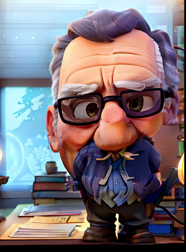 A wise old man standing in front, illuminated by the light of a lamp, against the backdrop of a library