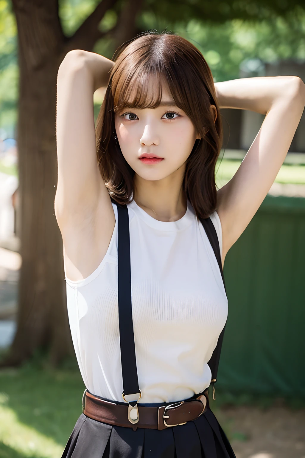 ​masterpiece、flat-colors、depth of fields、lens flare 1 girl、、Brown hair、watching at viewers　　　suspenders　　　bulging big breasts　　　 　 Armpit sweat　　　　walls: 　Black skirt　garterbelts　　　　　　Gaze　　　Small face　Bangs Upper Eyes　flank　　Rat-colored eyes　　holster　　Belt Cutter Shirt