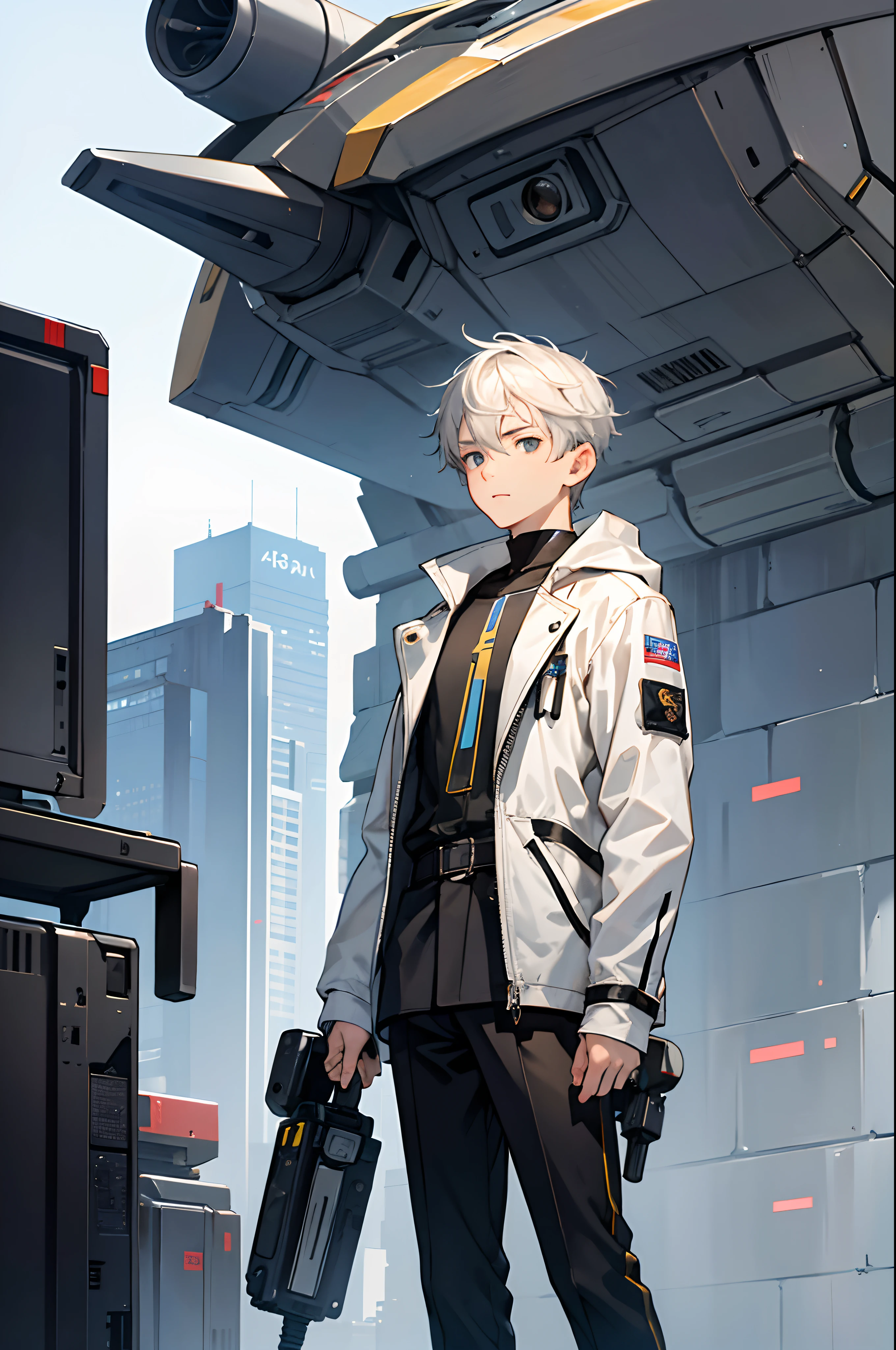A 15-year-old age boy, a boy engineer and artificer, robot boy, height 1.6m, weight 60kg, pale skin tone, without a beard, without a goatee, no facial hair, no body hair, white hair color, straight hair, pointed ears, futuristic black jacket, cyberpunk black clothes, robotic mixed with organic, silver haired boy, futuristic powers