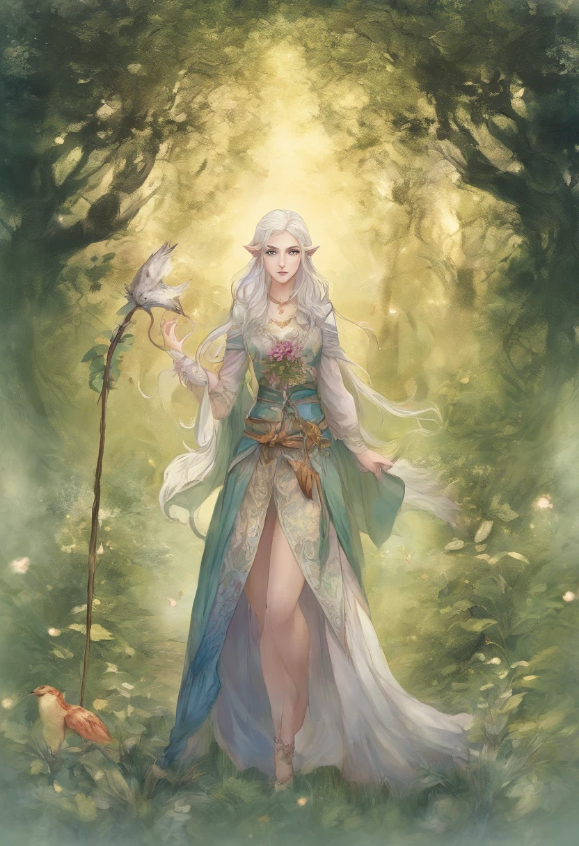 1 The elven girl held out a finger,Point forward,standing on your feet,1 wolf,The background is forest,facing at camera,Faraway view,Long shots