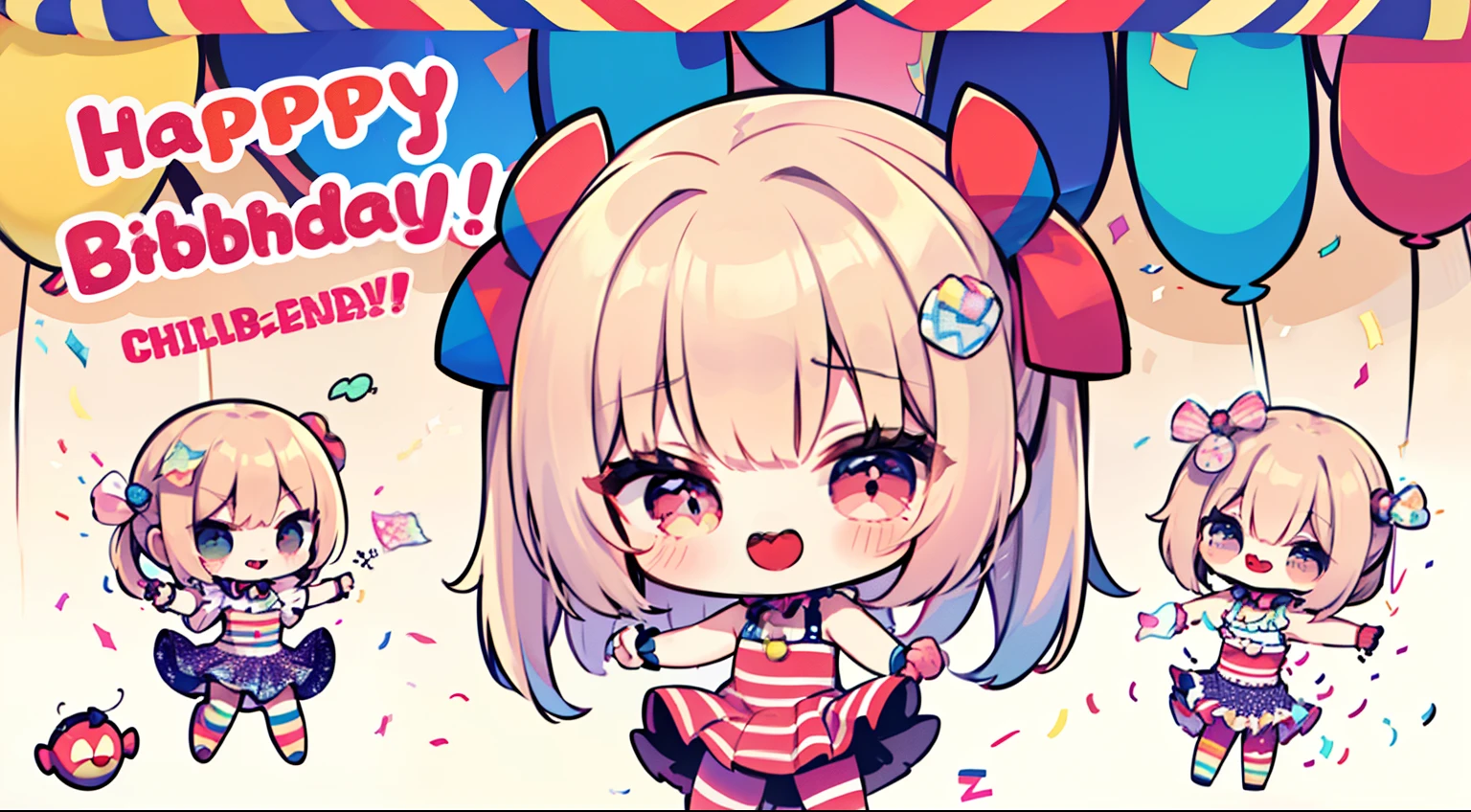 (((chibi))) poster, happy birthay poster (((happy birthay poster, text saying "happy birthay)) ((((chibi clown dancing)))) (((((confeti))))) black bacground