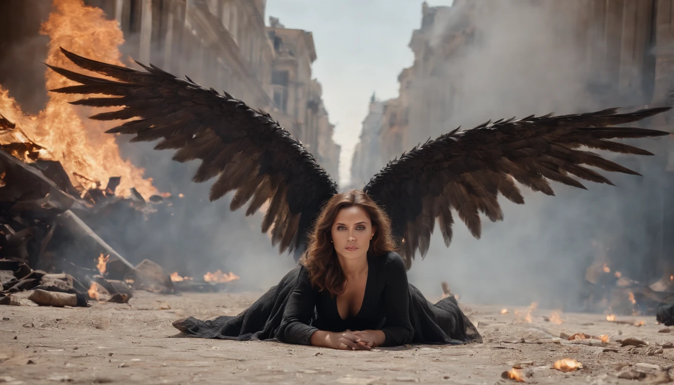 mejor calidad, obra maestra, ultra-high-resolution, (realistic photograph:1.4), surrealismo, Similar to a dream,FusionArt, Female evil fallen angel with huge wings of fire lying on the ground, in an apocalyptic city in flames, staring at the camera, Magia de sombras, Control de la oscuridad, secreto, Paso de sombra, Hechizos fronterizos, Cuchilla oculta,