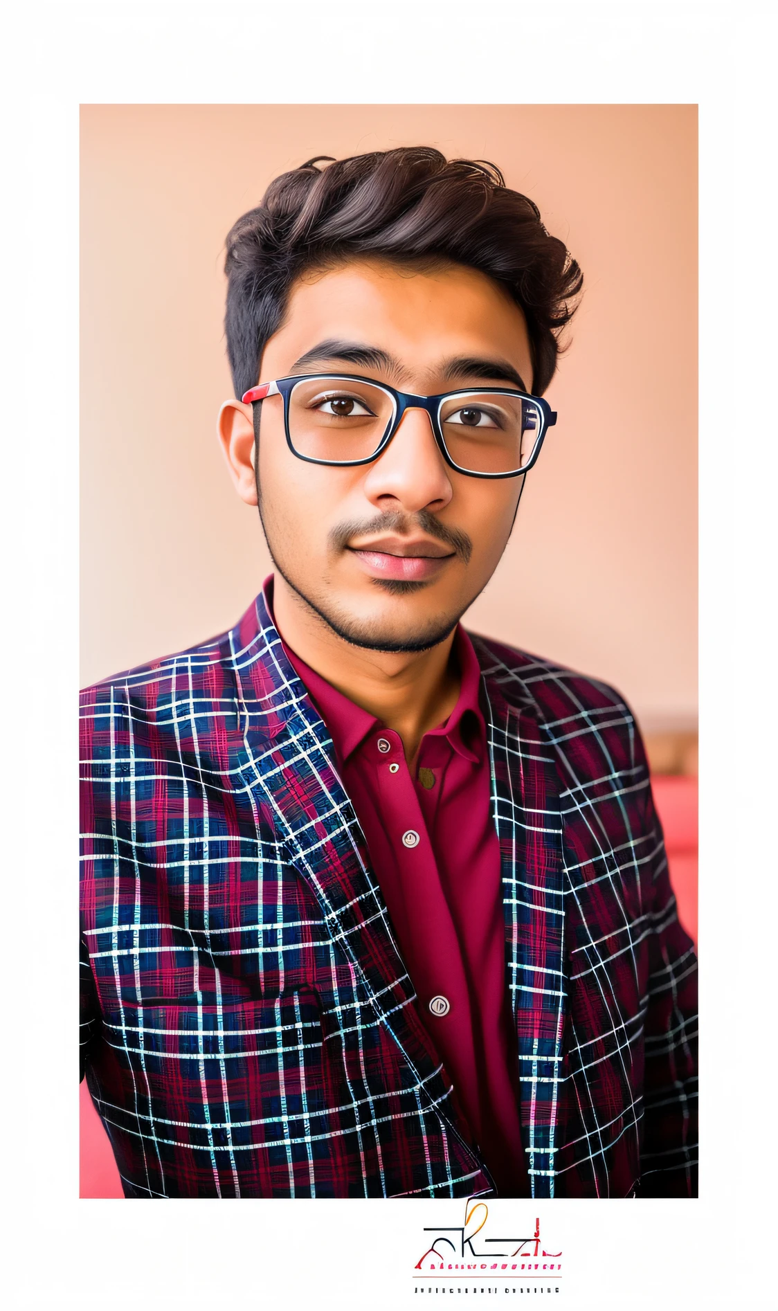 arafed man wearing glasses and a plaid jacket and a red shirt, with accurate face, portait photo profile picture, around 1 9 years old, professional profile picture, riyahd cassiem, khyzyl saleem, very very low quality picture, inspired by Bikash Bhattacharjee, professional picture, with lovely look
