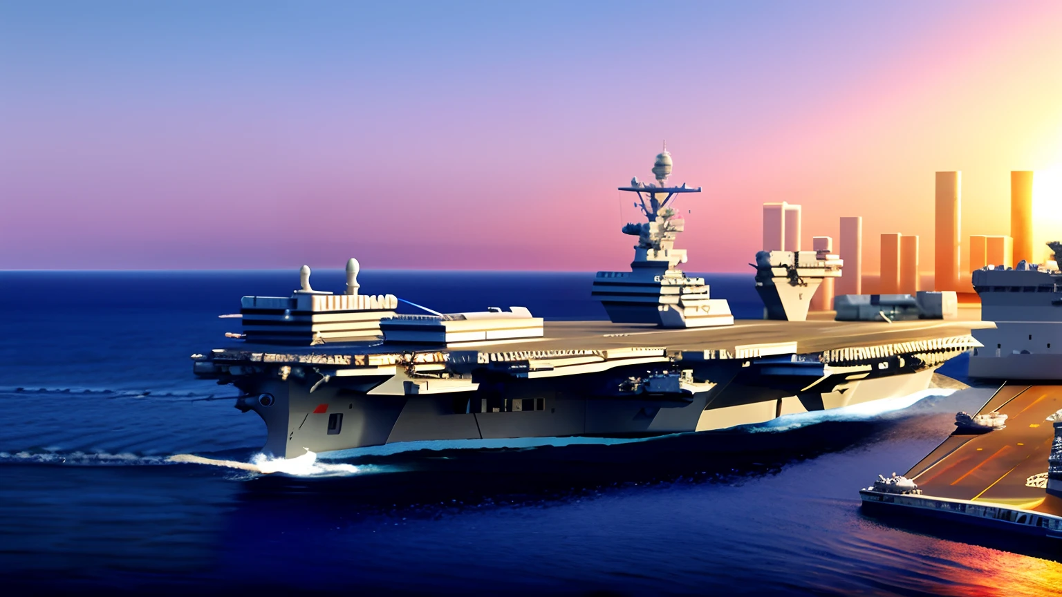 The aircraft carrier Alafid is in the water,The background is a city, Blue Sky Aircraft carrier scene, aircraft carrier, USS Nimitz, realistic military carrier, naval background, on aircraft carrier, 4 k hd wallpaper c 1 7, warships, uss enterprise, military carrier rig, wallpaper hd, Recognizable, illustrious, front view dramatic,