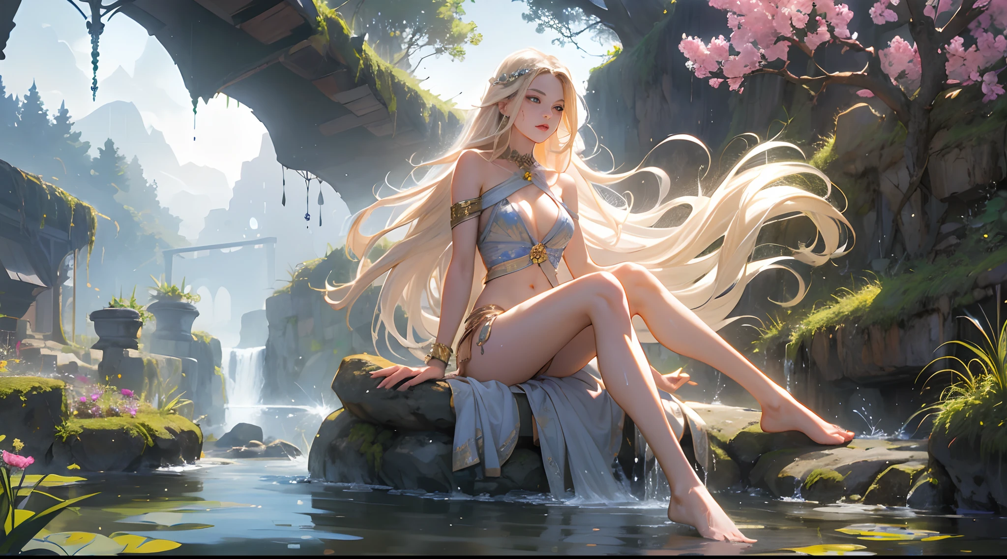 ((Realistic: 1.5)),((Best quality)), ((Masterpiece)),((Detailed)), (1girll), {Beautiful woman in sari}, full bodyesbian,super wide shot, Spotlight facials, young girl, Sexy, Toned muscles, Long legs, Feminine curves, Barefoot, Firm breasts, Open neckline, Beautiful breasts with pink peep, Thick thighs, Wide hips, Slim legs, Green eyes, Long platinum and blond hair, Flowing hair, Long eyelashes, (Detailed face, beautidful eyes, Detailed pupils, Detailed clothing features, Dark background: 1.3), (Bindi, Jumkas: 1.3), (armlets, haar, payal, Mantika, Jumkas, Kamalband, bangle: 1.3 ), Mysterious ancient ruins, floresta exuberante, Deep canyon, bridge, River, cliff, Cloud, lakes, Rock music, Waterfalls, Flowers, Grass, Heavy fog, grape trees, tree, Smoke, Best shadow, bright detail, Sharp, Perfectcomposition, Intricate ,Sharp focus,Dramatic,author:Frank Frasertta,author:Julie Bell,author:Olivia de Belladenis,author:Luis Royo(Luis Royo),by Boris Vallejo,(mirror lighting:1.3),rim-light,The princess is playing in the water,river bank,The royal underwear is lightweight, Random true color, lying on the ground, Thirsty face, Erotic face, parted lip, Almost naked, Take off your underwear, Heavy fog, Floating antique clock, light fixtures, Night light, Visible public fairness, Visible breasts, Small but firm breasts, Beautiful small breasts with pink breasts, Transparent clothes wet with water, Mandala and flower tattoos, Slight smile, Induction gas, Defiant gaze, waterfallr, Garden with pond, Seated girl spreads her legs, Open legs, Visible , The skin gets wet with water, Beautiful Caucasian girl,Long platinum and blonde hair, Floating antique clock,