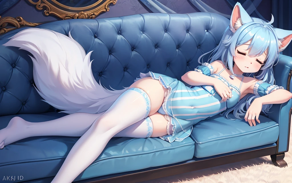 Smooth and fluffy powder blue animal ears adorn this adorable character,This 8k HDR image is rendered in the best quality。She is petite and delicate,Lie on your side on the sofa,Her expression was dejected,Close your eyes,The shaggy tail wags non-stop。She wore white stockings,This adds to their innocence in a two-dimensional world。