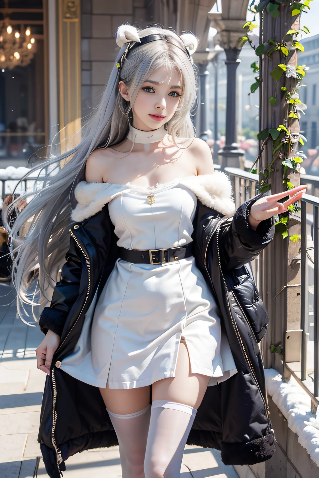 ((Woman standing on balcony of palace))、1girl in、 (( Silvery hair))To, Long hair,, aqua eyes, longeyelashes, makeup, Smile, Cubist Futurism, depth of fields, One-person viewpoint, F/1.2, 135 mm, canon, nffsw, retinas, masutepiece, ccurate, Anatomically correct, Textured skin, Super Detail, high details, High quality,(breasts of medium size,)、(A slender )Best Quality, hight resolution, 1080p, hard disk, 4K, 8K、((Off-the-shoulder snow-white dress)), garterbelts、Black pantyhose、high-heels、White walls intertwined with ivy、((Black lace panties are visible)),((fur-coat))