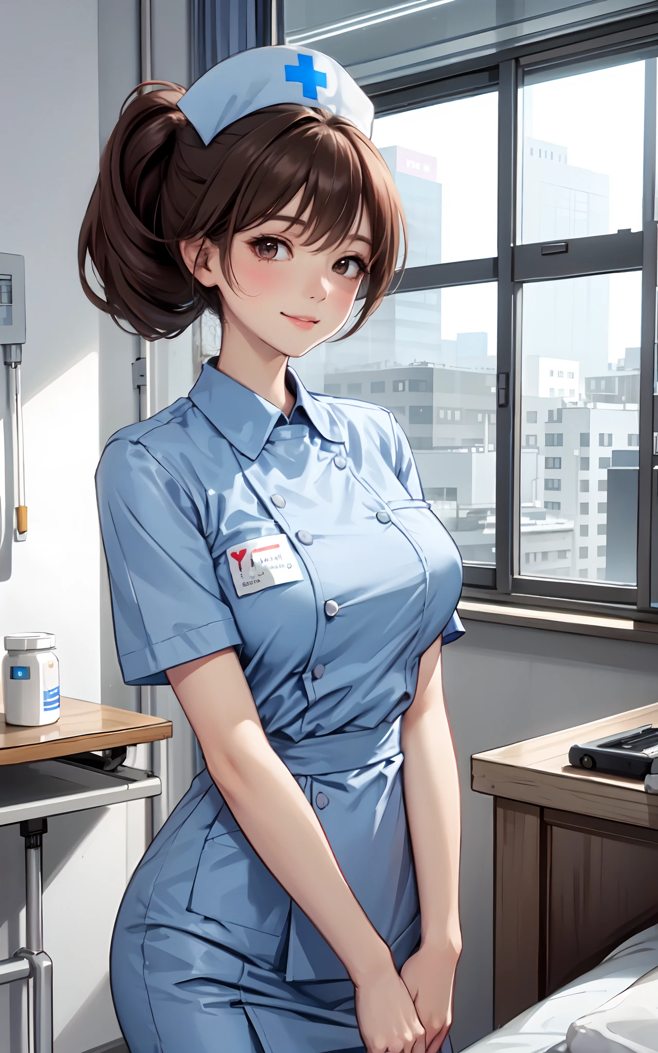 1lady solo, nurse, /(nurse uniform/), /(brown hair/) hair up, blush kind smile, (masterpiece best quality:1.3) delicate illustration ultra-detailed, large breasts BREAK /(hospital indoors/)