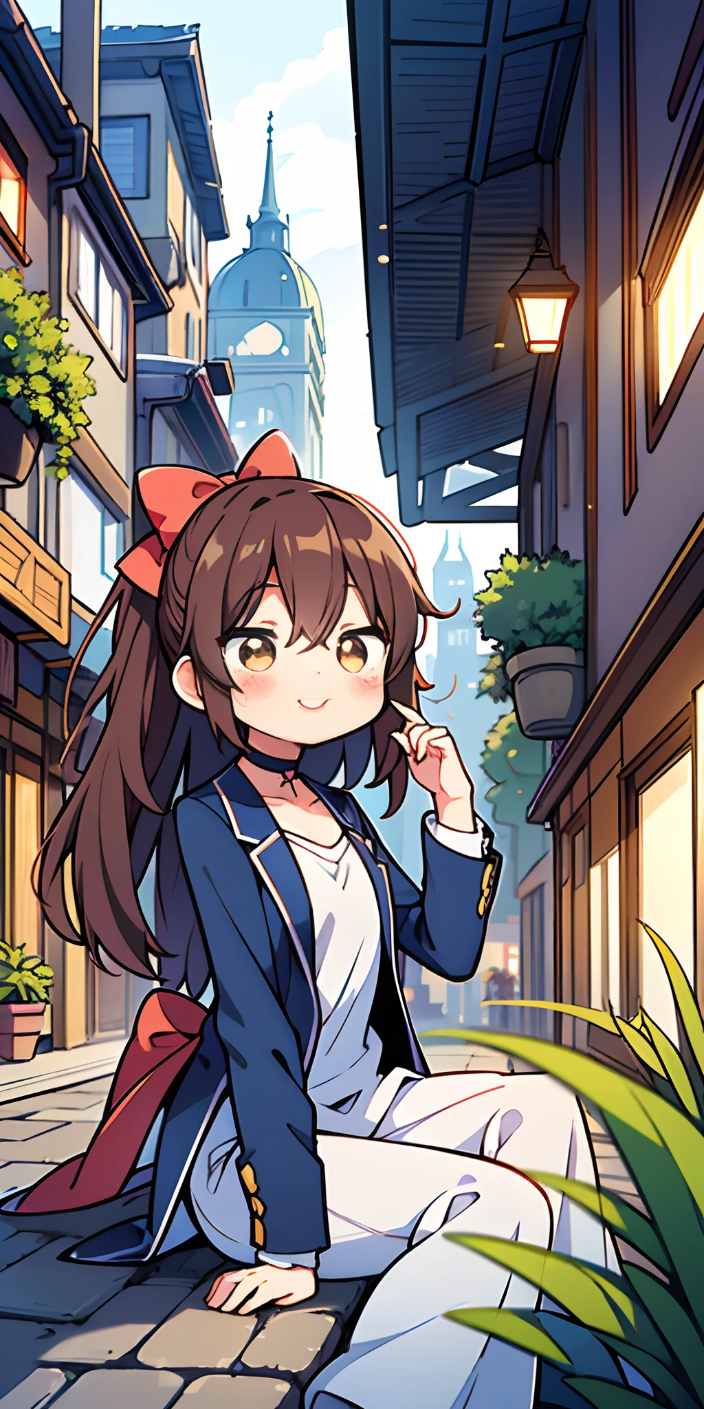 1girl in, (Cute:1.5),(Chibi:0.5),(kawaii:2.0),(Lori:2.0),(7 year old girl),(Solo:1.65),BREAK, (flat chest:1.2,), Clear skin, Beautiful skin, Shy, One Beautiful Girl,Colossal tits(Hair Bow, reddish brown hair, Twin-tailed:1.2), (Brown eyes, long eyelashes, Double eyelids: 1.2), Shiny skin, gleaming skin,Clear skin, Beautiful skin,( A smile:1.5), Solo,gleaming skin, Clear skin, Beautiful skin(best quality face),(Top quality glowing eyes), BREAK (Transparency Theme:1.4), (Vivid colors:1.3), (Blazer over oxford shirt:1.2), (Straight Chino Pants:1.1), (lowfers:1.22) BREAK,(early evening),Walking,a closed mouth,(architecture, building, Choker, city, Cityscape, Outdoors, potted plant,Street, Town:1.55), Waterfall,depth of fields, BREAK,wakame,wakame,wakame,(Dynamic Angle:1.4), BREAK,(Blurry background:1.3),(absurderes, hight resolution, Super Detail Art),cel shading,Clear Color, Lonely optical effect, Beautiful pictures, Bright glow, mystic atmosphere,(Close-up of girl:1.1), Mystical light particle effect,manga influence, clean line drawings,