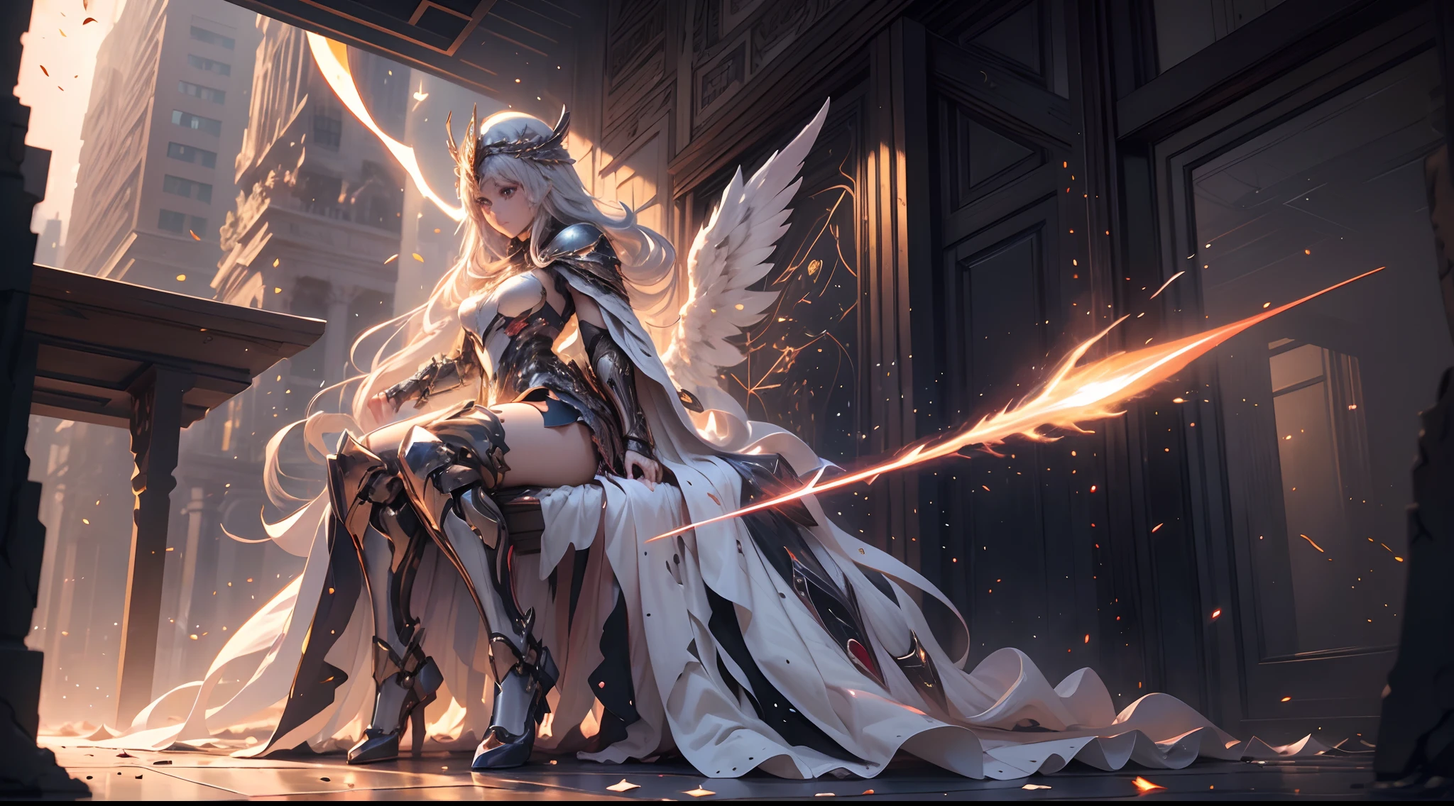 ((RAW Photos)), ((masterpiece)), Anthropomorphic humanoid angel girl in nun armor, Exquisite detail, running, A complex Greebles piece, Sea behind, Yellow wings, beautiful, Fine eyes and lips