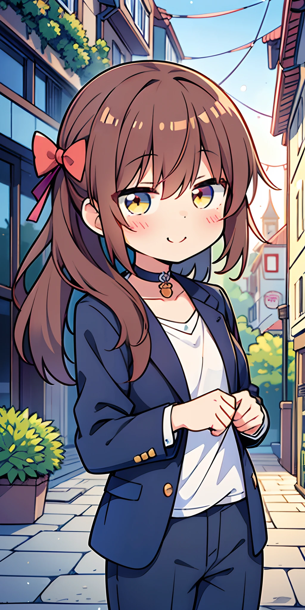 1girl in, (Cute:1.5),(Chibi:0.5),(kawaii:2.0),(Lori:2.0),(7 girl),(Solo:1.65),BREAK, (flat chest:1.2,), Clear skin, Beautiful skin, Shy, One Beautiful Girl,Colossal tits(Hair Bow, reddish brown hair, Twin-tailed:1.2), (Brown eyes, long eyelashes, Double eyelids: 1.2), Shiny skin, gleaming skin,Clear skin, Beautiful skin,( A smile:1.5), Solo,gleaming skin, Clear skin, Beautiful skin(best quality face),(Top quality glowing eyes), BREAK (Transparency Theme:1.4), (Vivid colors:1.3), (Blazer over oxford shirt:1.2), (Straight Chino Pants:1.1), (lowfers:1.22) BREAK,(early evening),Walking,a closed mouth,(architecture, building, Choker, city, Cityscape, Outdoors, potted plant,Street, Town:1.55), Waterfall,depth of fields, BREAK,wakame,wakame,wakame,(Dynamic Angle:1.4), BREAK,(Blurry background:1.3),(absurderes, hight resolution, Super Detail Art),cel shading,Clear Color, Lonely optical effect, Beautiful pictures, Bright glow, mystic atmosphere,(Close-up of girl:1.1), Mystical light particle effect,manga influence, clean line drawings,