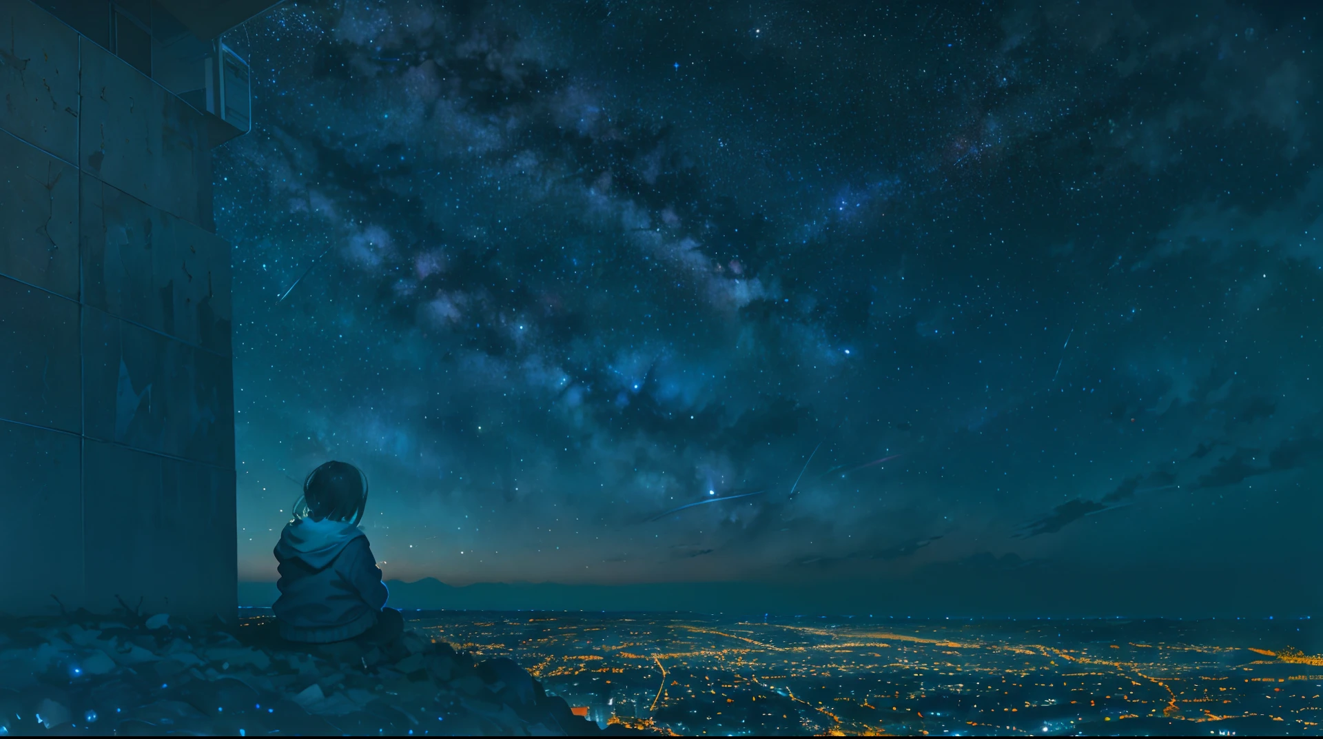 octane, sky, star (sky), landscape, starry sky, night, only child, night sky, solo, outdoor, signature, building, clouds, milky way, sitting, tree, long hair, city, silhouette, cityscape
