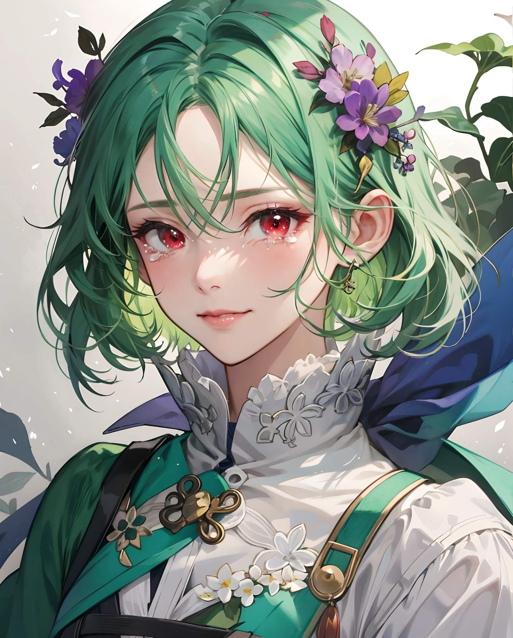 ​masterpiece、top-quality、超A high resolution、2D Beautiful Girl、animesque、teens girl、green colored hair、short-haired、Higan flower hair ornament、Beautiful red eyes、The clothes are also depicted in detail、Eyes are depicted in detail、The face is depicted in detail、sorcerer、soio、Sad smile、tears、hair adornments、animesque、illustratio