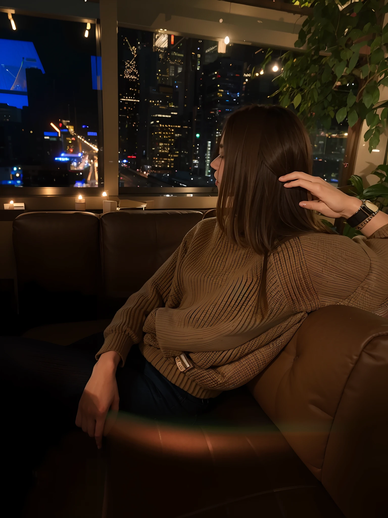 Woman sitting on sofa in room overlooking the city, cozy atmosphere, Cooling time. nice view, Sitting in the living room, calm night. over shoulder shot, The lights are on, 8k 50mm iso 10, Lofi Girl, bokeh only in the background, City lights in the background, Cozy aesthetics, casually sitting down, Lofi Girl Aesthetics