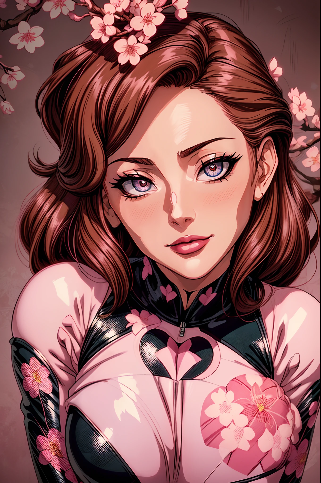 vector illustrated, cherry blossoms tree:1.4), (mature:1.3) (1980s anime brunette female), (highly detailed eyes and hair:1.3), soft velvety skin, sexually explicit pose, heart aroused , sensual smirk, heart blush, floating heart in negative space, (hexagonal patterned neoprene material) on background