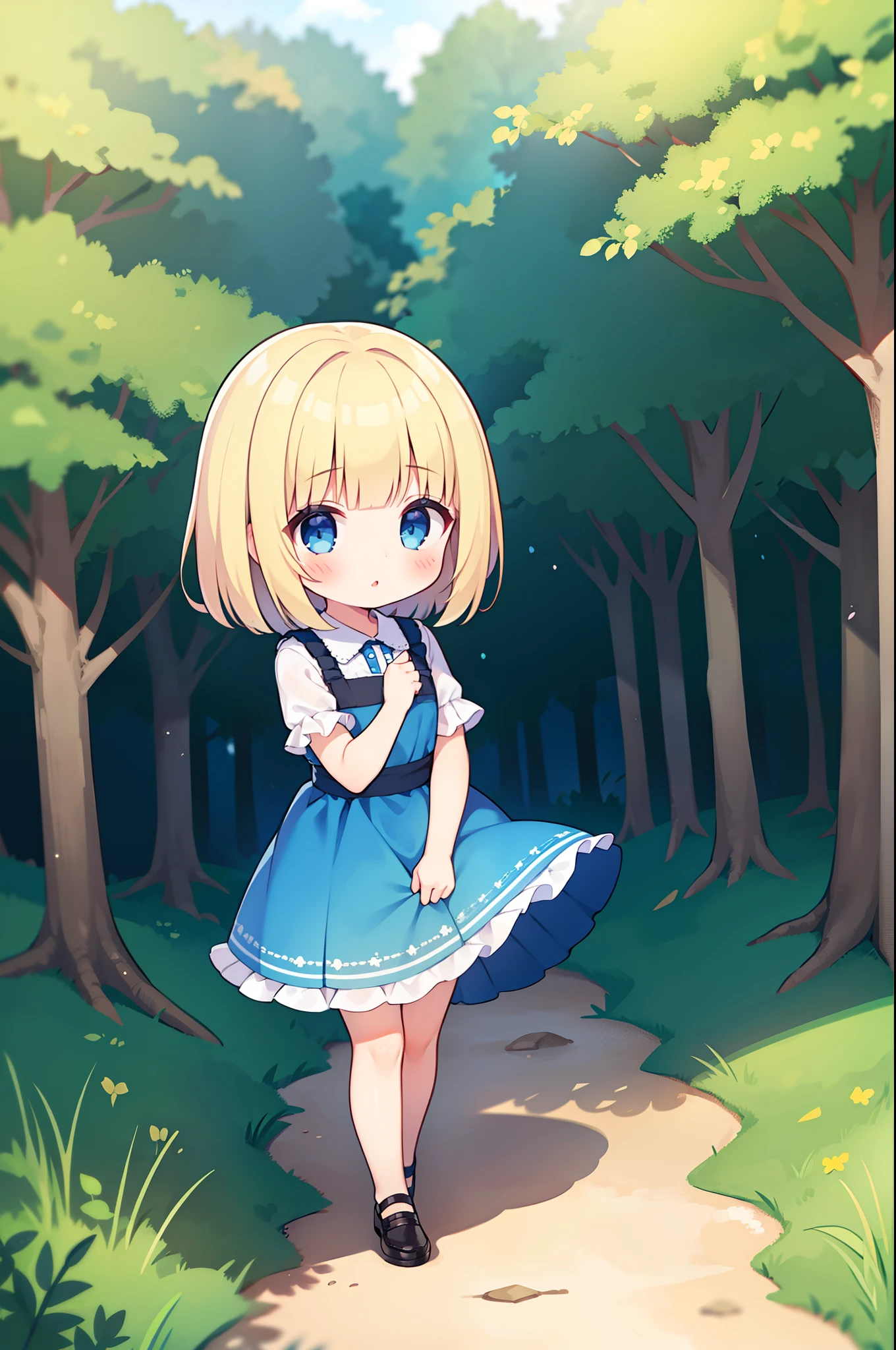 1girl, Cute, Short hair, blue eyes, blonde hair, blunt bangs, Wavy Hair, Dress, Depth of field, woods, rivers,