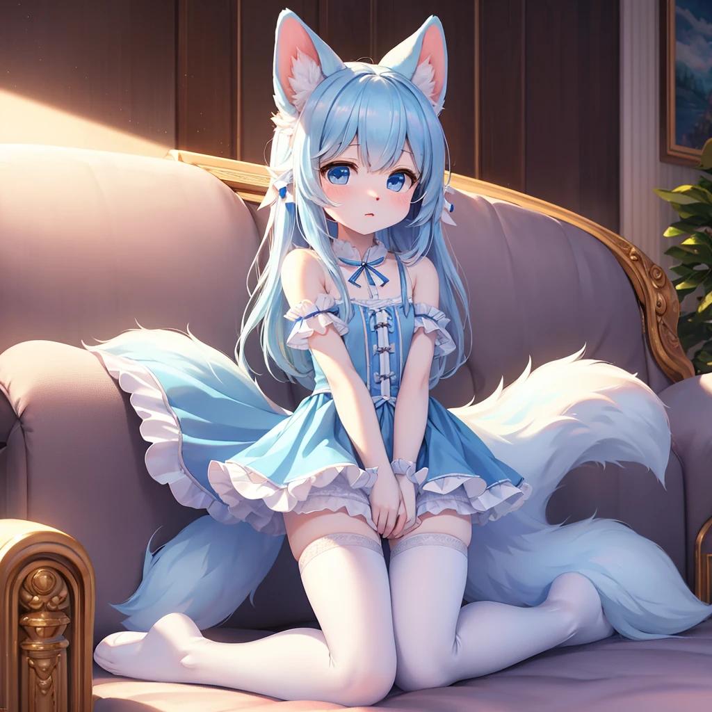 Smooth and fluffy powder blue animal ears adorn this adorable character,This 8k HDR image is rendered in the best quality。She is petite and delicate,Kneel on the sofa,Her expression was flat,Fold your hands on your knees,The shaggy tail wags non-stop。She had many bloody bandages around her feet,This adds to their innocence in a two-dimensional world。