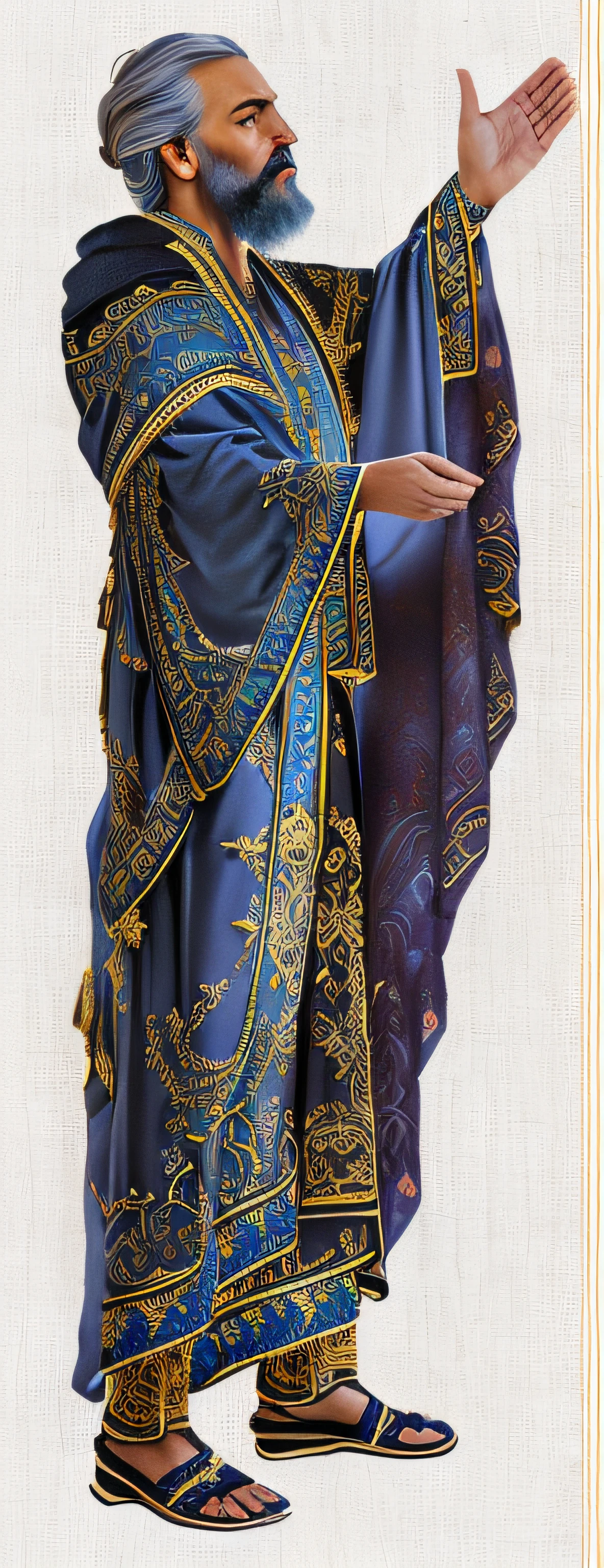 Create a hyper realistic image of a majestic and wise-looking man with a full beard and intense gaze, standing with one arm raised as if he is reaching for or gesturing towards something in the distance. He should be dressed in long, flowing robes that suggest a status of nobility or philosophical significance, adorned with intricate embroidery at the hems and cuffs. His robes should be in deep shades of blue and accented with gold. He should be depicted with a sense of motion, as though captured in a moment of passionate oration or divine revelation. The background should be minimal or abstract to keep the focus on the character, capturing a timeless and ethereal quality."