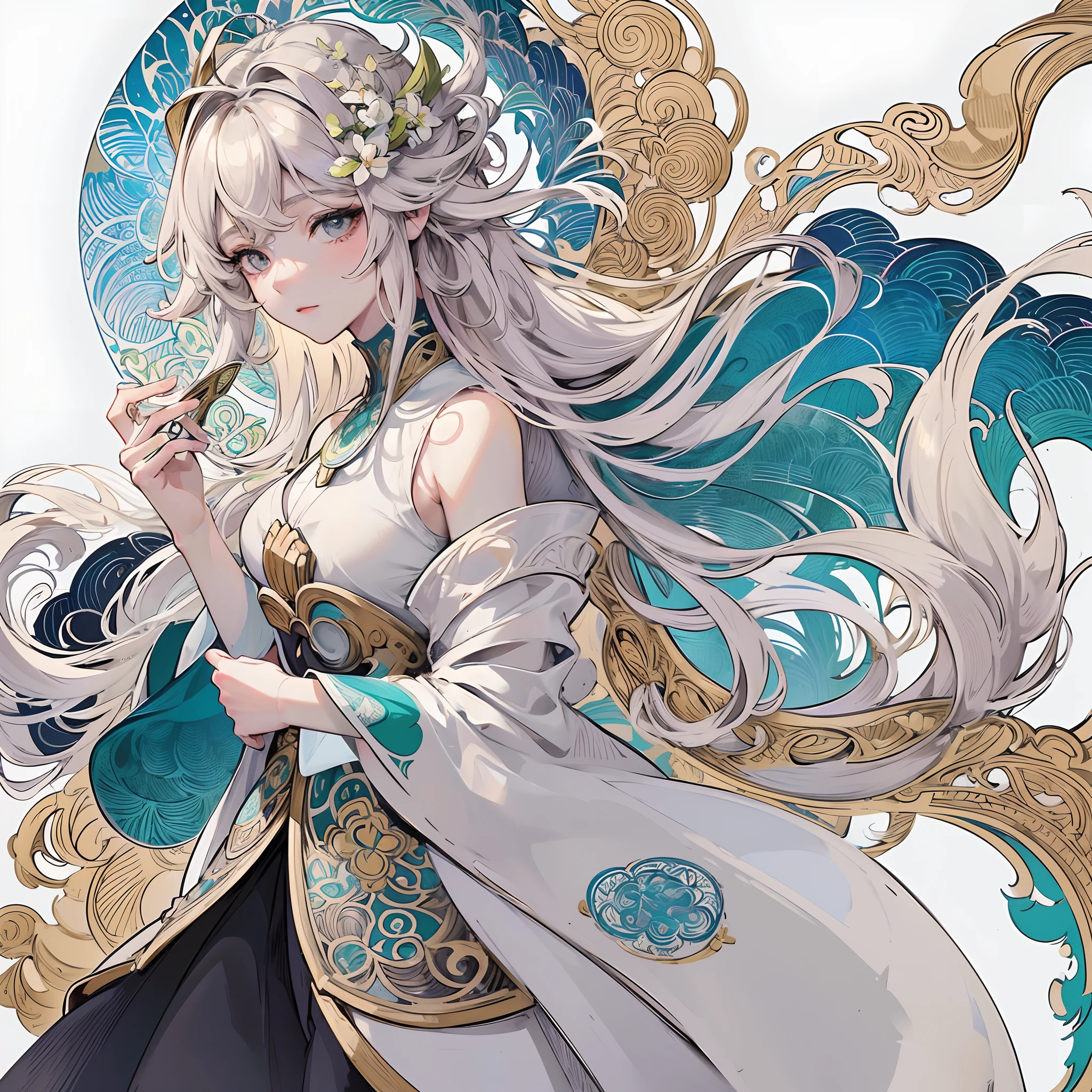 "Genshin, Light hair, Book Pages Colorful Art, White background, line-drawing, clean line drawings, Nature-themed colored mandalas, Simple and clean lineart, Coloring book page, Decorated in Art Nouveau style, Alphonse Mucha's brushstrokes in touch, Perfect intricate details, Realistic."