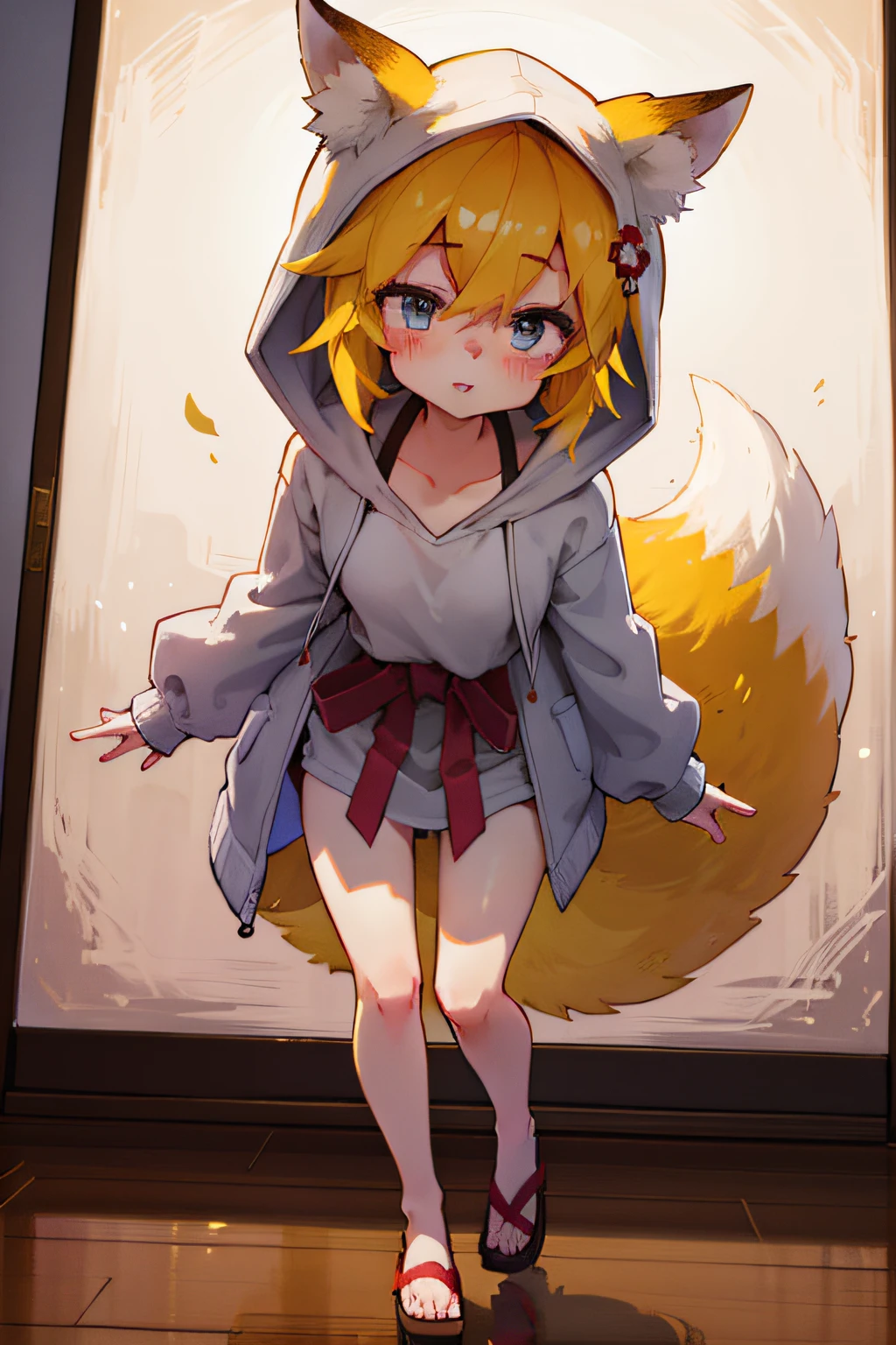 masterpiece、girl standing on top of the podium、A who personifies a fox、 body shape、Little、Fox ears and tail、testimonial、formal clothes are very loose、A happy expression、Deformed cute picture、全naked、nude、naked、nude、flat chest,