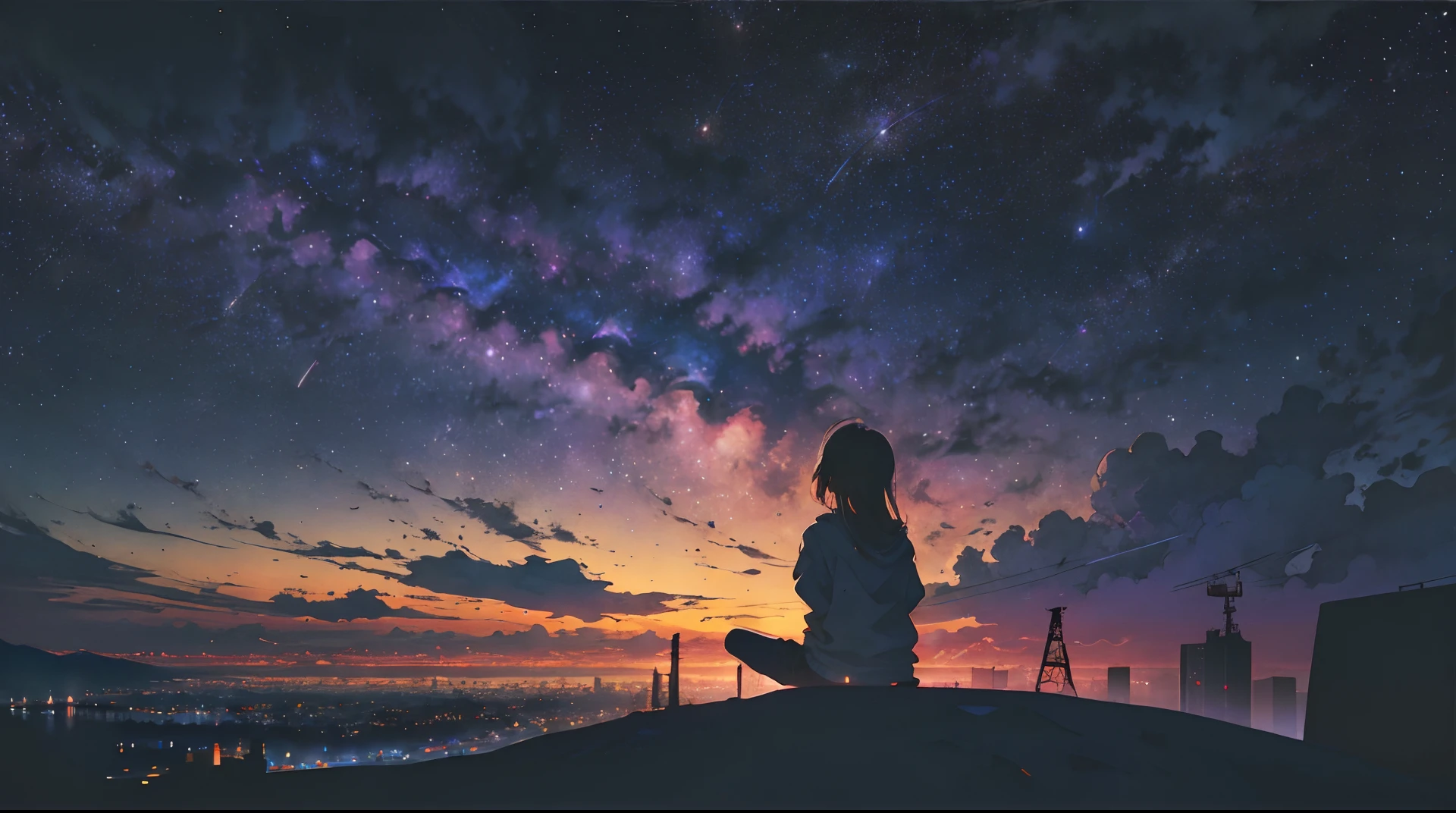 octans, sky, star (sky), scenery, starry sky, night, 1girl, night sky, solo, outdoors, building, cloud, milky way, sitting, tree, long hair, city, silhouette, cityscape