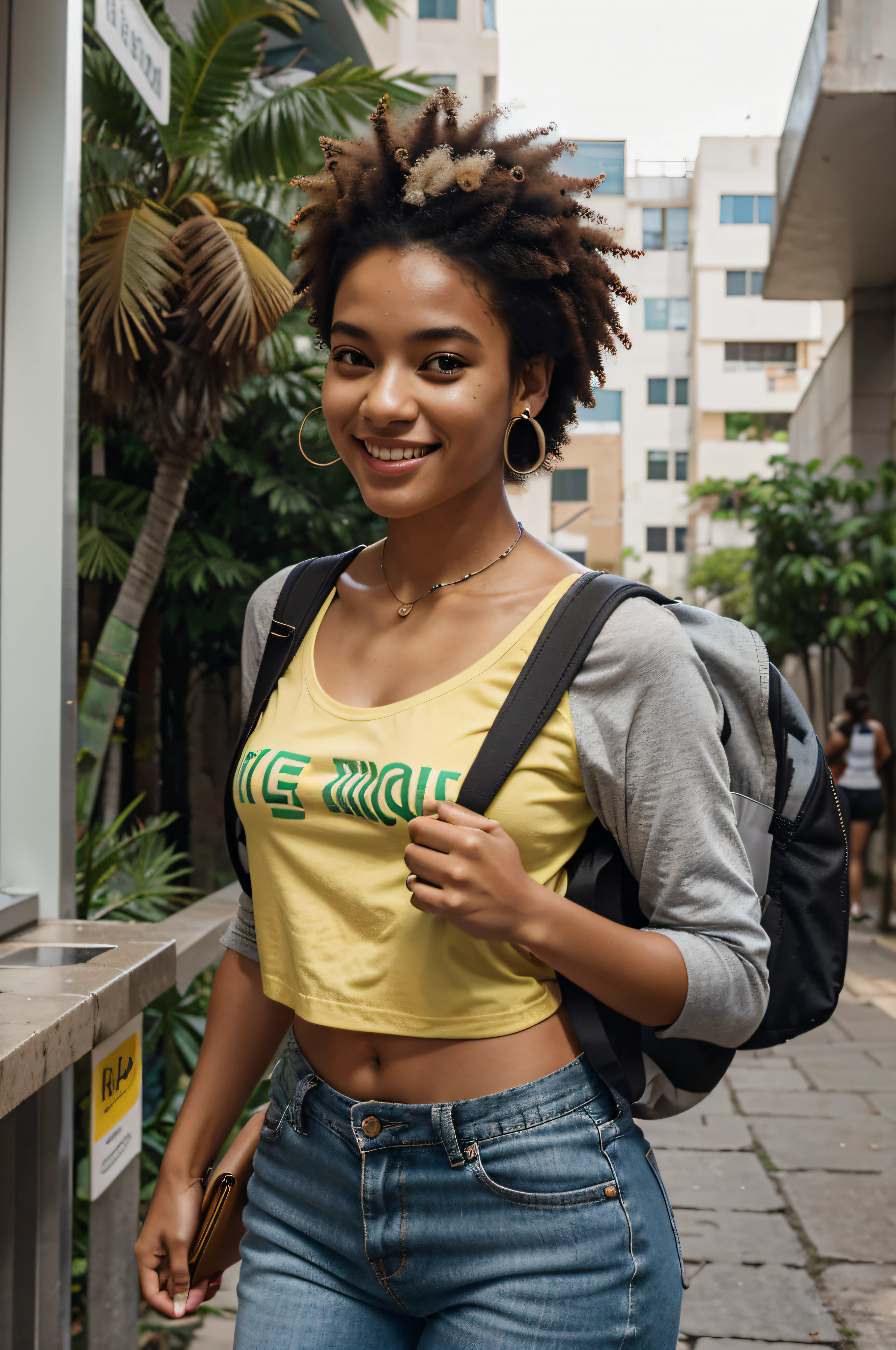 Generate an image of a Brazilian student happily strolling through a busy university campus. she is tall and slender, com um penteado afro marcante que exala um senso de individualidade. Her captivating light brown eyes sparkle with determination and curiosity. She's dressed in a loose, blusa verde, uma cor que complementa seu sorriso radiante. She wears a practical student backpack on her back, symbolizing your academic dedication. Enquanto ela caminha, She carries a stack of graphite-covered books in one hand, showcasing your passion for literature, And she holds a modern set of wireless earbuds around her neck. This distinguished student embodies the spirit of a cheerful, Estudante apaixonada por livros com seu penteado afro, as you confidently navigate the lively atmosphere of the university campus.