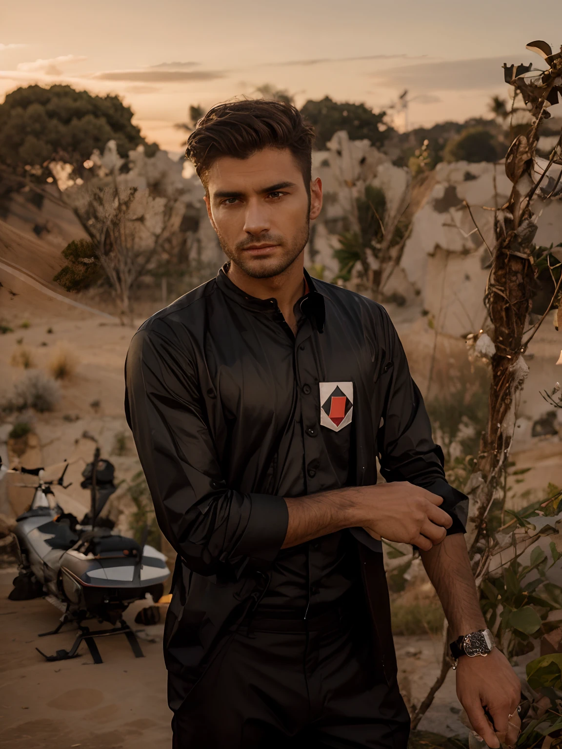handsome male, Beautiful black suit, Behind the helicopter stands, portraite of a