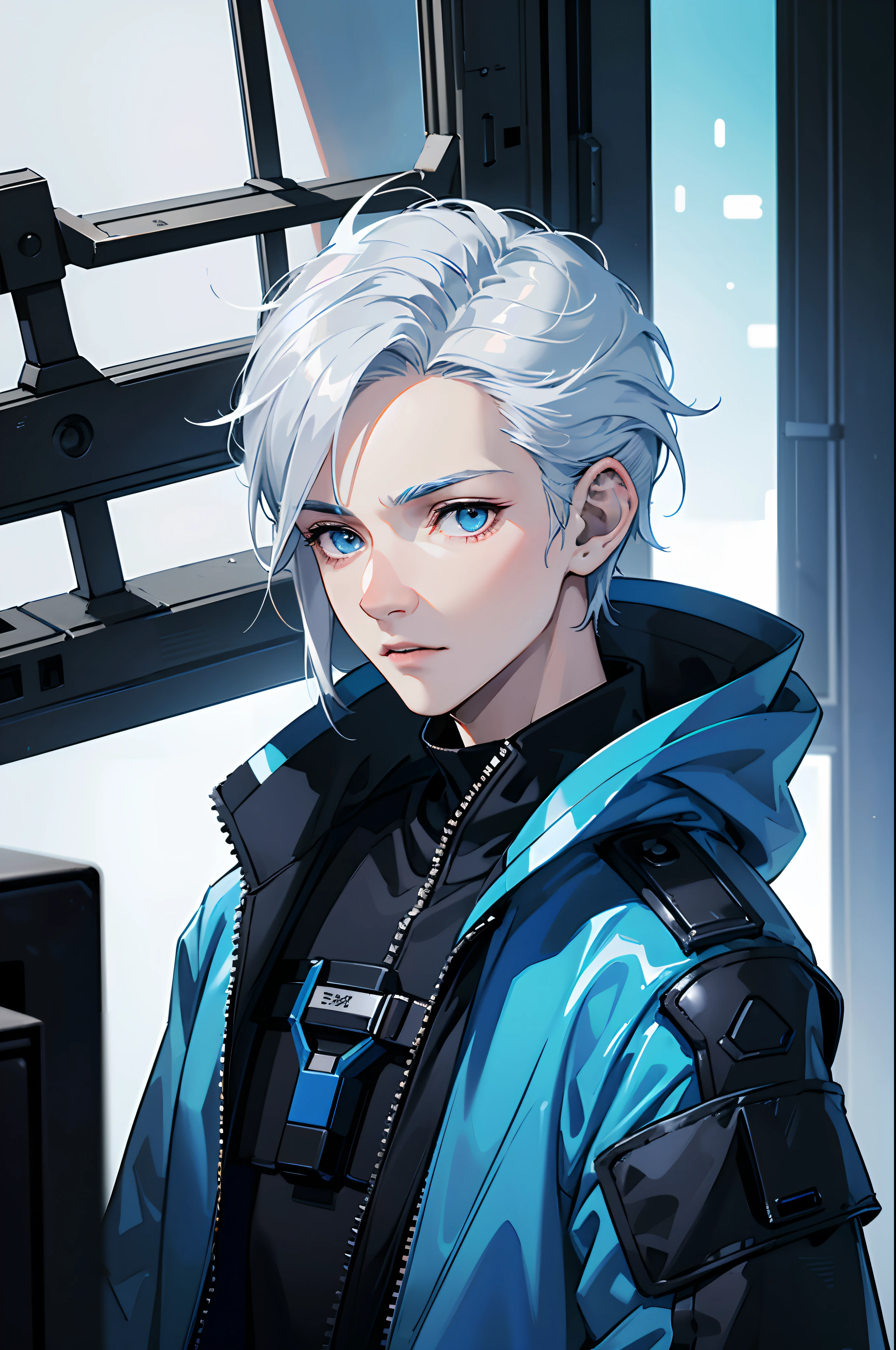 A -yeld tea boy engineer and artificer, robot boy, pale skin tone, without a beard, without a goatee, no facial hair, no body hair, white hair color, straight hair, pointed ears, futuristic black and blue jacket, cyberpunk black and blue clothes, robotic mixed with organic, silver haired boy, futuristic powers