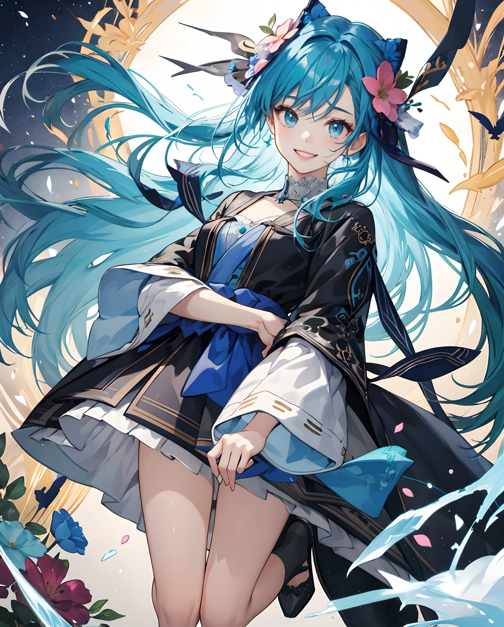 masterpiece、top-quality、超A high resolution、2D Beautiful Girl、animesque、teens girl、Blue hair、Fluffy hair、Sparkling Floral Hair Ornament、Beautiful eyes of Yamabuki color、The clothes are also depicted in detail、Eyes are depicted in detail、The face is depicted in detail、sorcerer、soio、Smiling gently、Full body front、hair adornments、animesque、illustratio