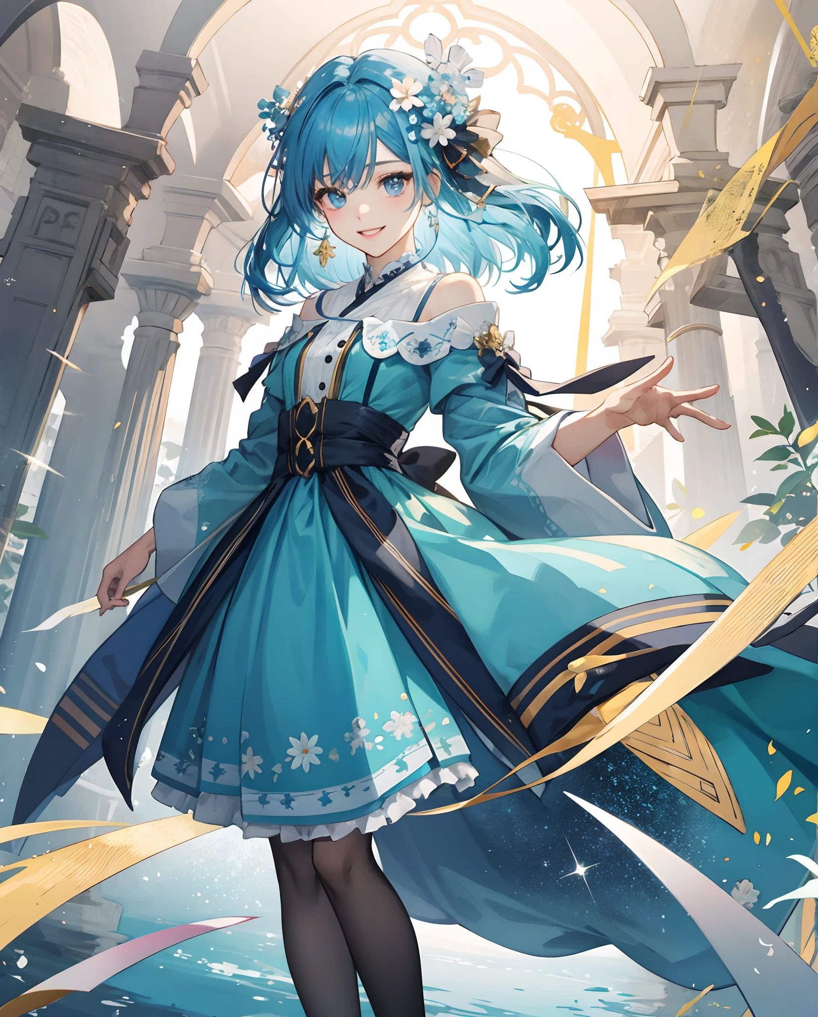 masterpiece、top-quality、超A high resolution、2D Beautiful Girl、animesque、s girl、Blue hair、Fluffy hair、Sparkling Floral Hair Ornament、Beautiful eyes of Yamabuki color、The clothes are also depicted in detail、Eyes are depicted in detail、The face is depicted in detail、sorcerer、soio、Smiling gently、Full body front、hair adornments、animesque、illustratio